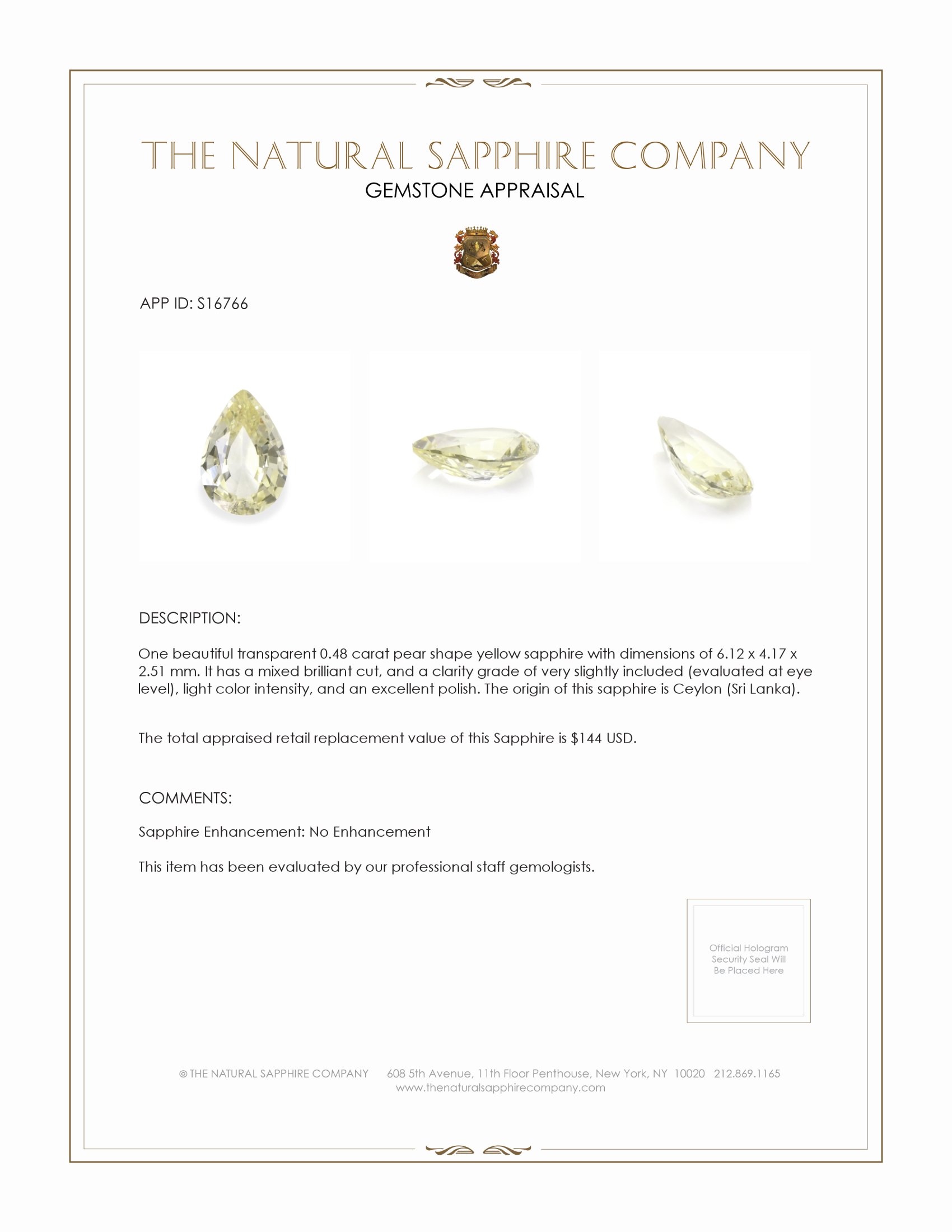 0.48 Ct. Yellow Sapphire from Ceylon (Sri Lanka)