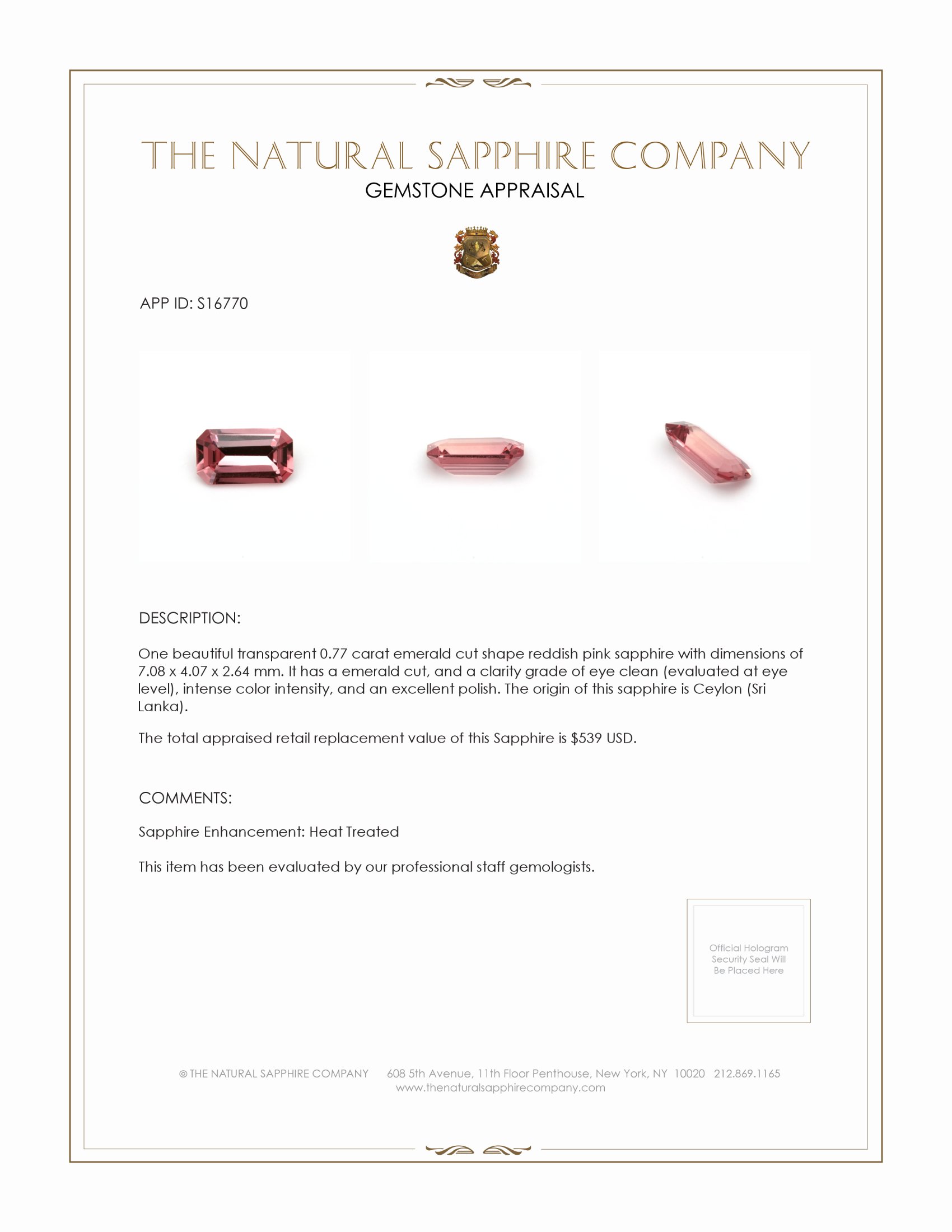 0.77 Ct. Reddish Pink Sapphire from Ceylon (Sri Lanka)