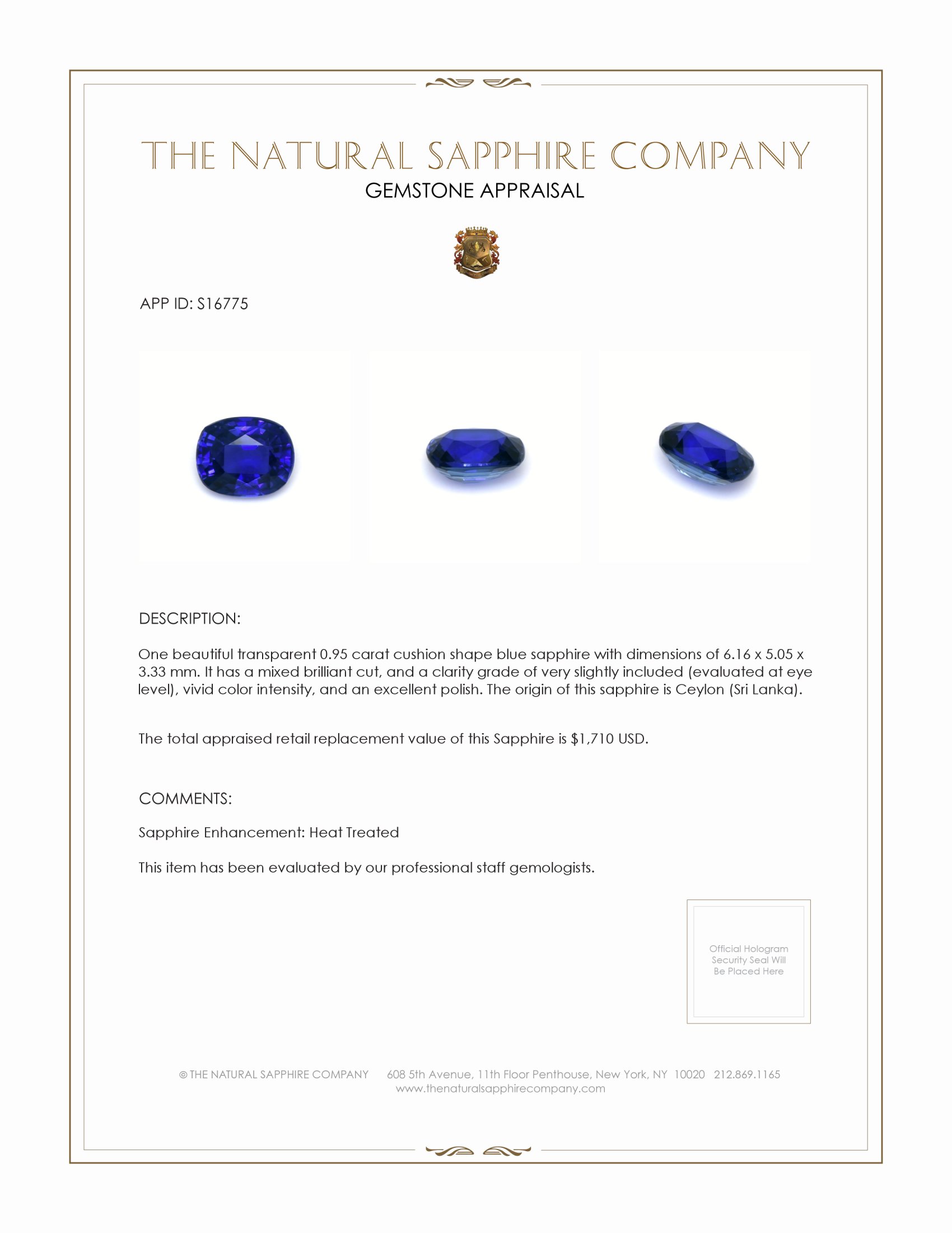 0.95 Ct. Blue Sapphire from Ceylon (Sri Lanka)
