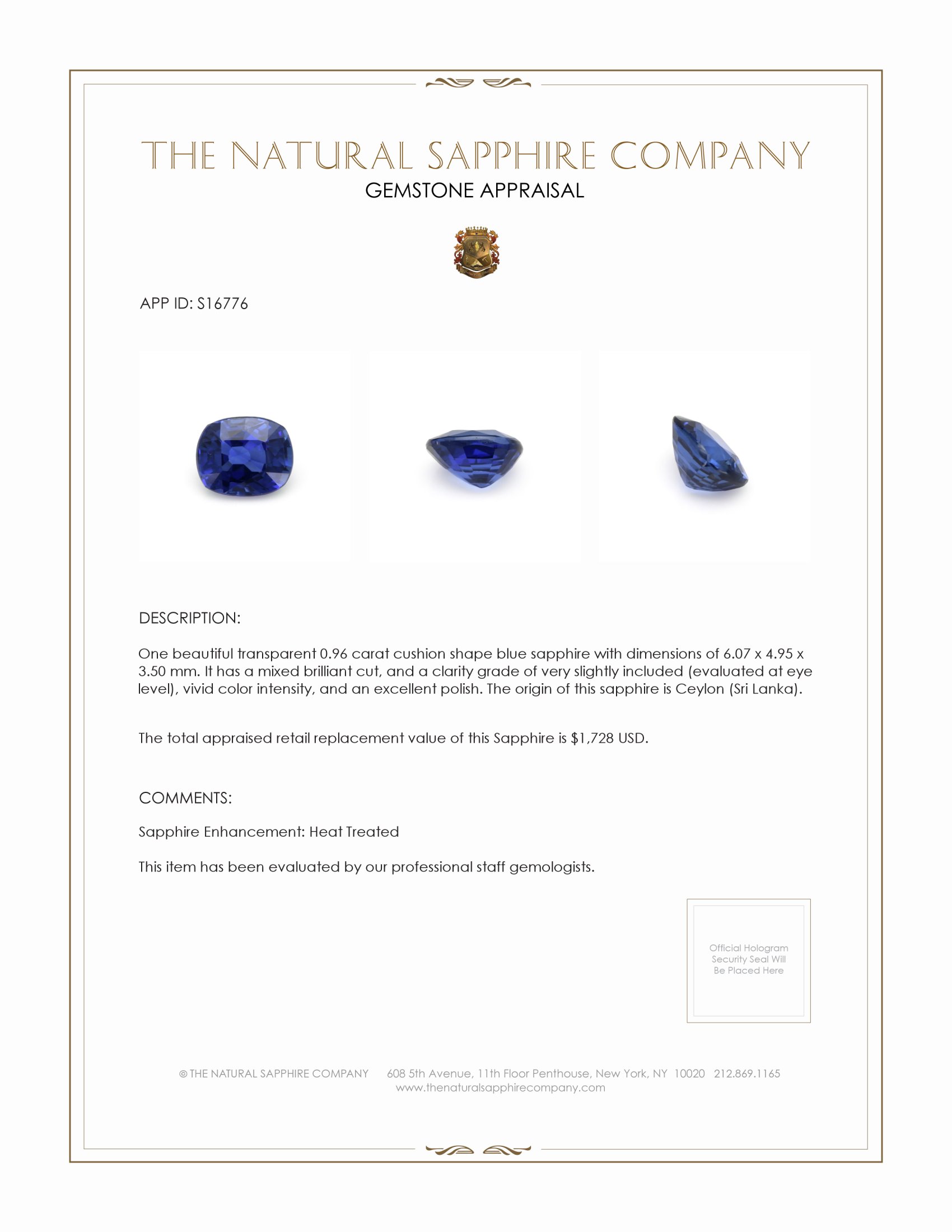 0.96 Ct. Blue Sapphire from Ceylon (Sri Lanka)