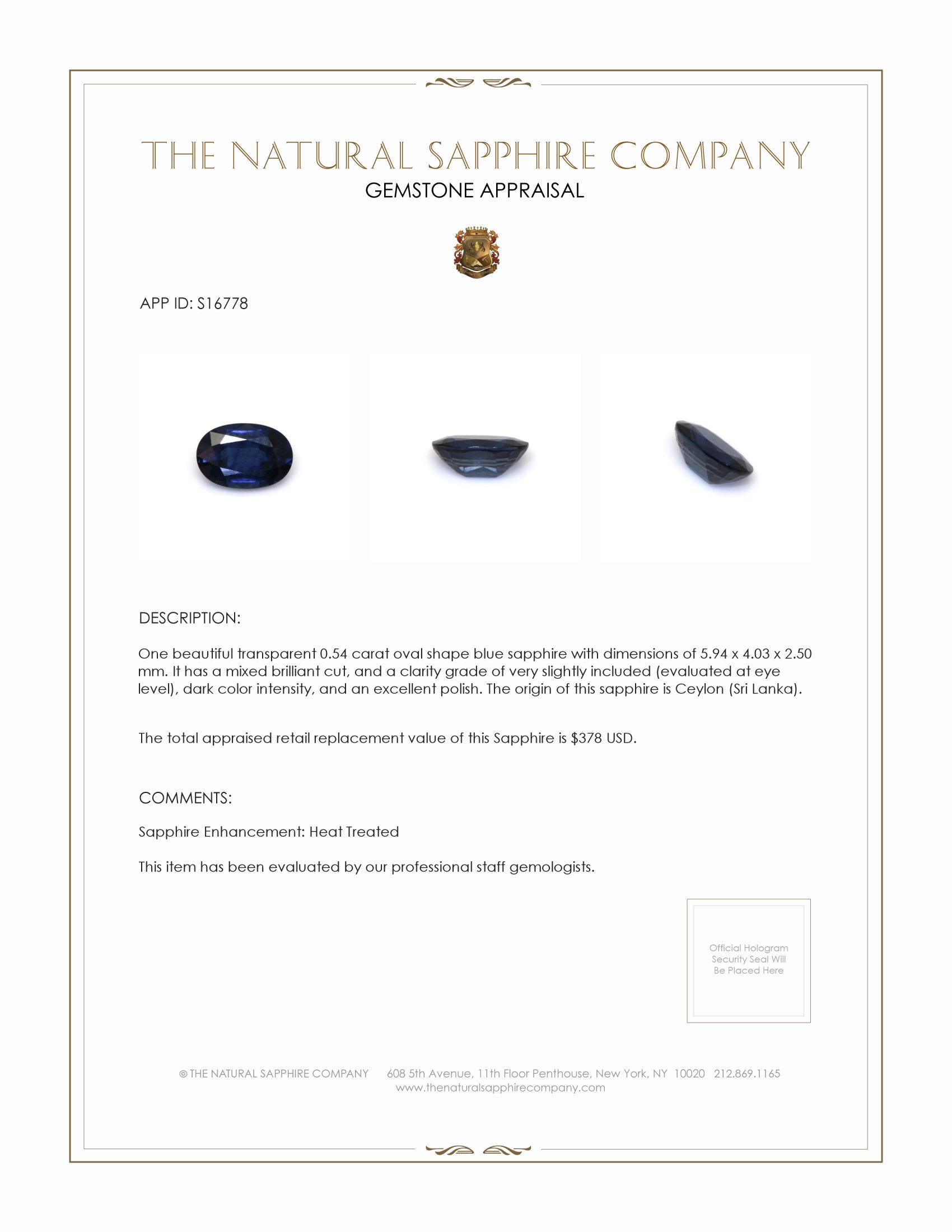 0.54 Ct. Blue Sapphire from Ceylon (Sri Lanka)