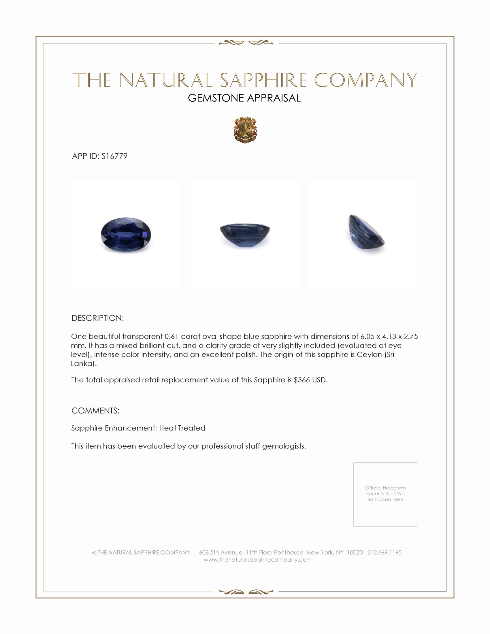 0.61 Ct. Blue Sapphire from Ceylon (Sri Lanka)