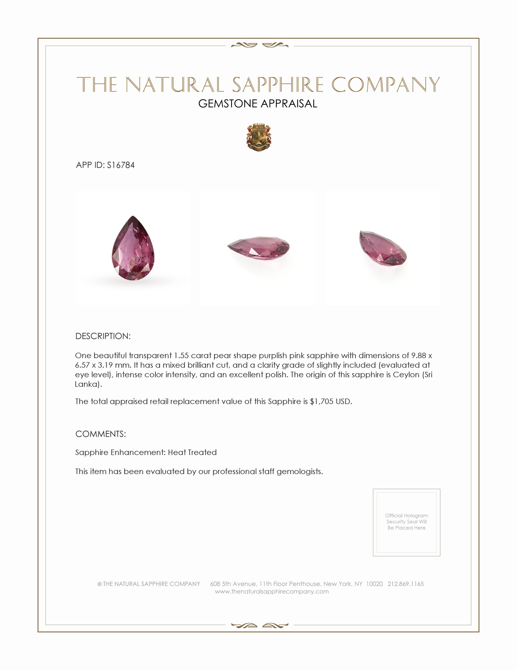 1.55 Ct. Purplish Pink Sapphire from Ceylon (Sri Lanka)