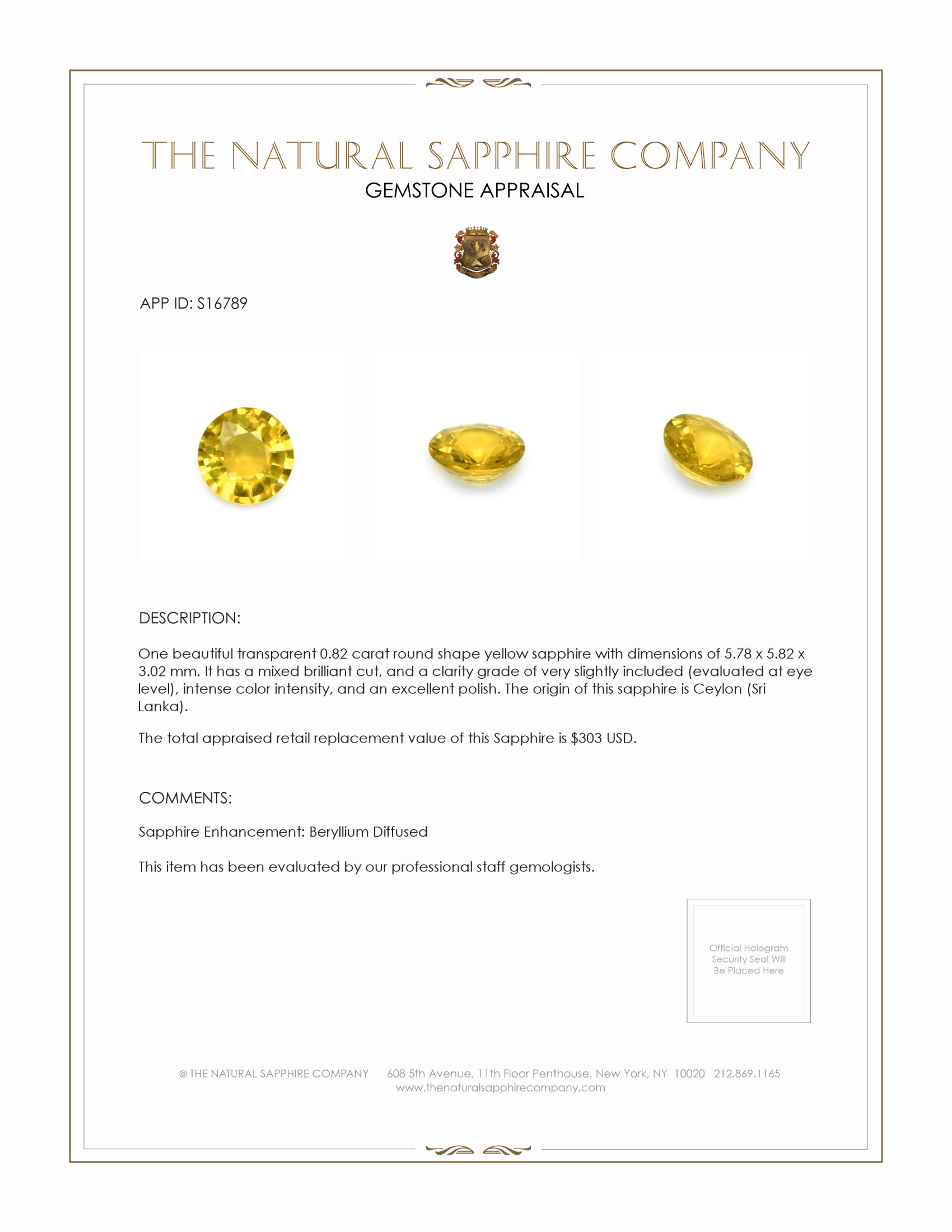0.82 Ct. Yellow Sapphire from Ceylon (Sri Lanka)