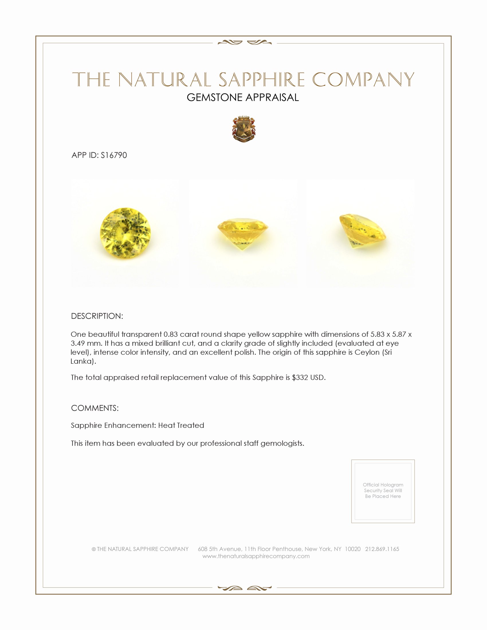 0.83 Ct. Yellow Sapphire from Ceylon (Sri Lanka)