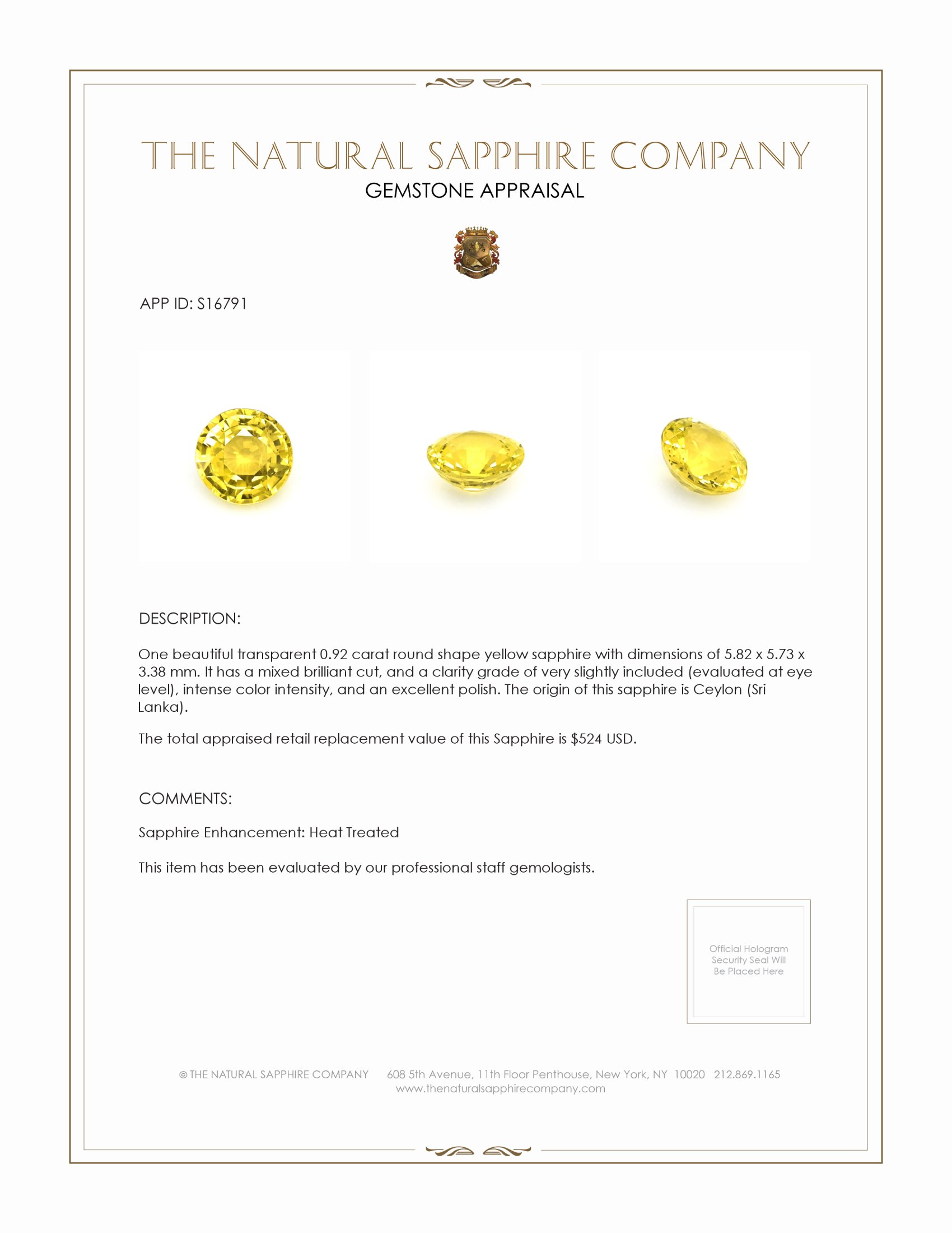 0.92 Ct. Yellow Sapphire from Ceylon (Sri Lanka)