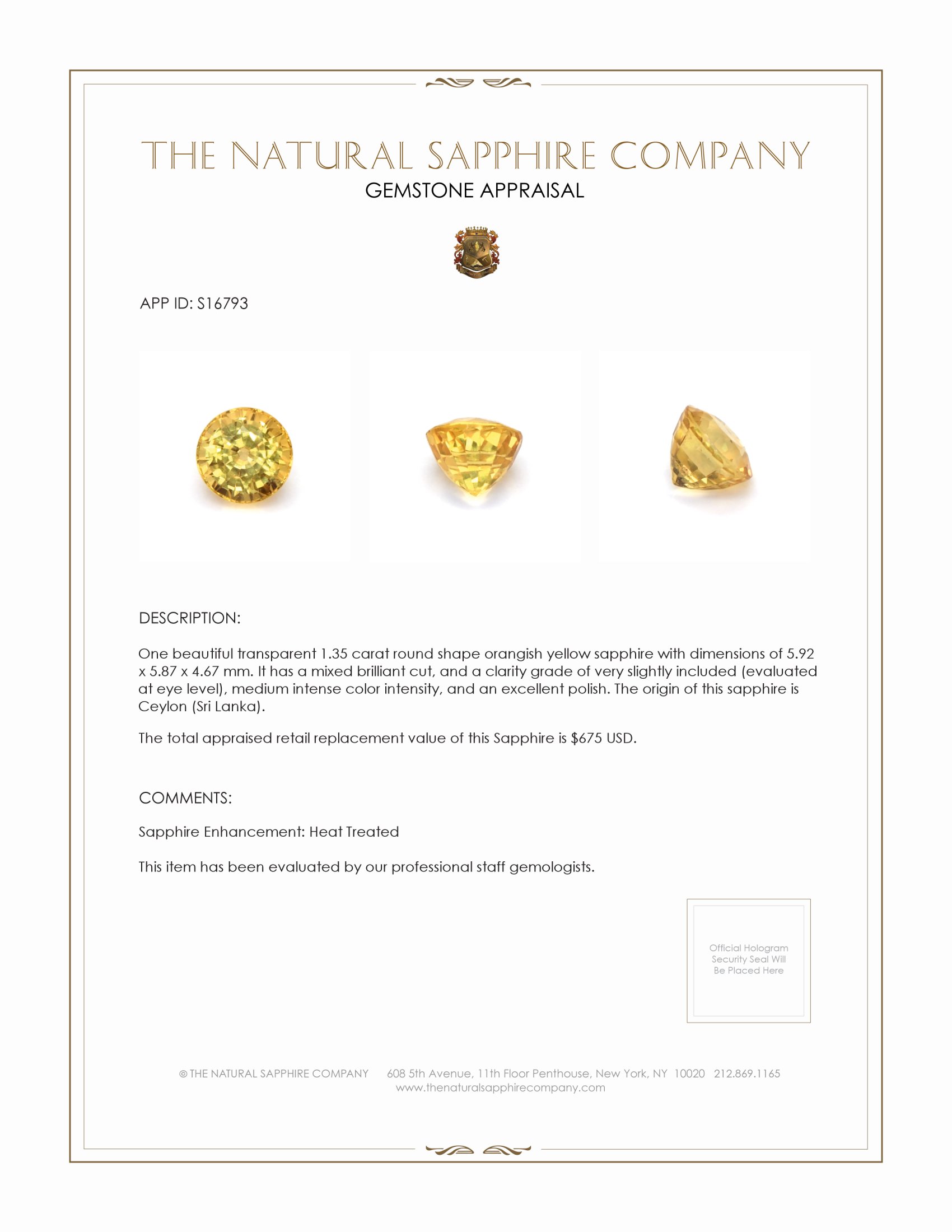 1.35 Ct. Orangish Yellow Sapphire from Ceylon (Sri Lanka)