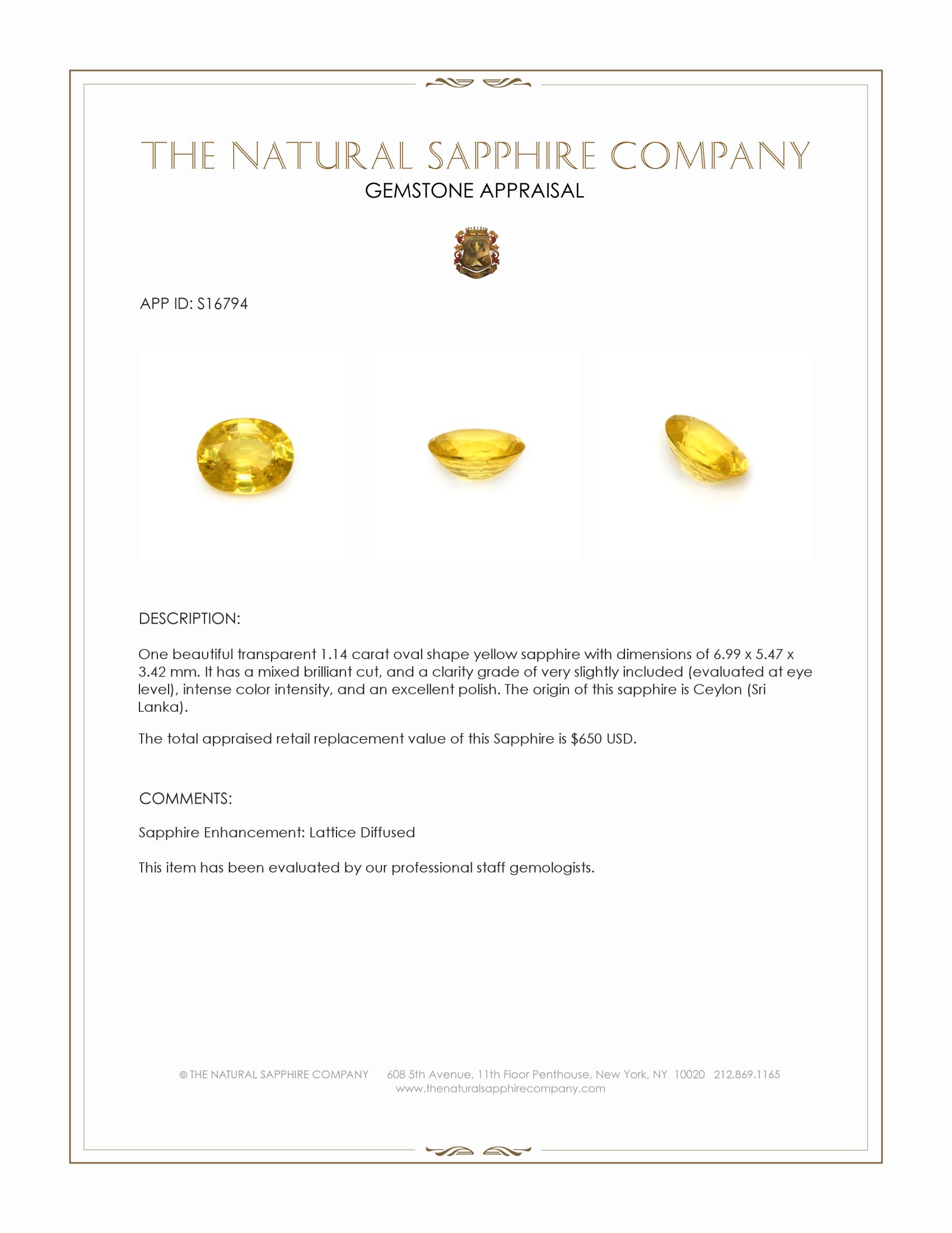 1.14 Ct. Yellow Sapphire from Ceylon (Sri Lanka)