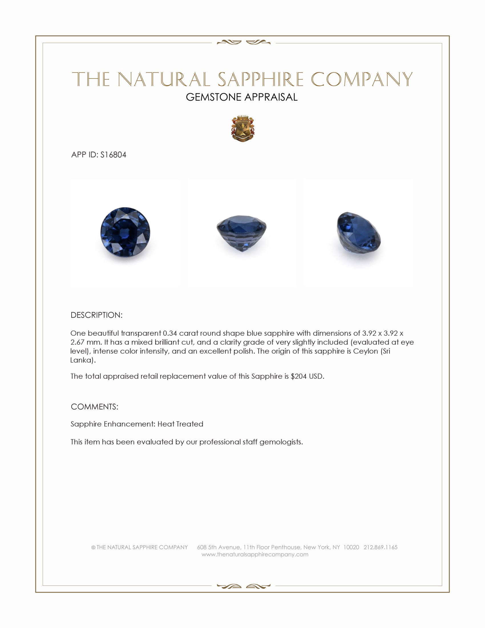 0.34 Ct. Blue Sapphire from Ceylon (Sri Lanka)