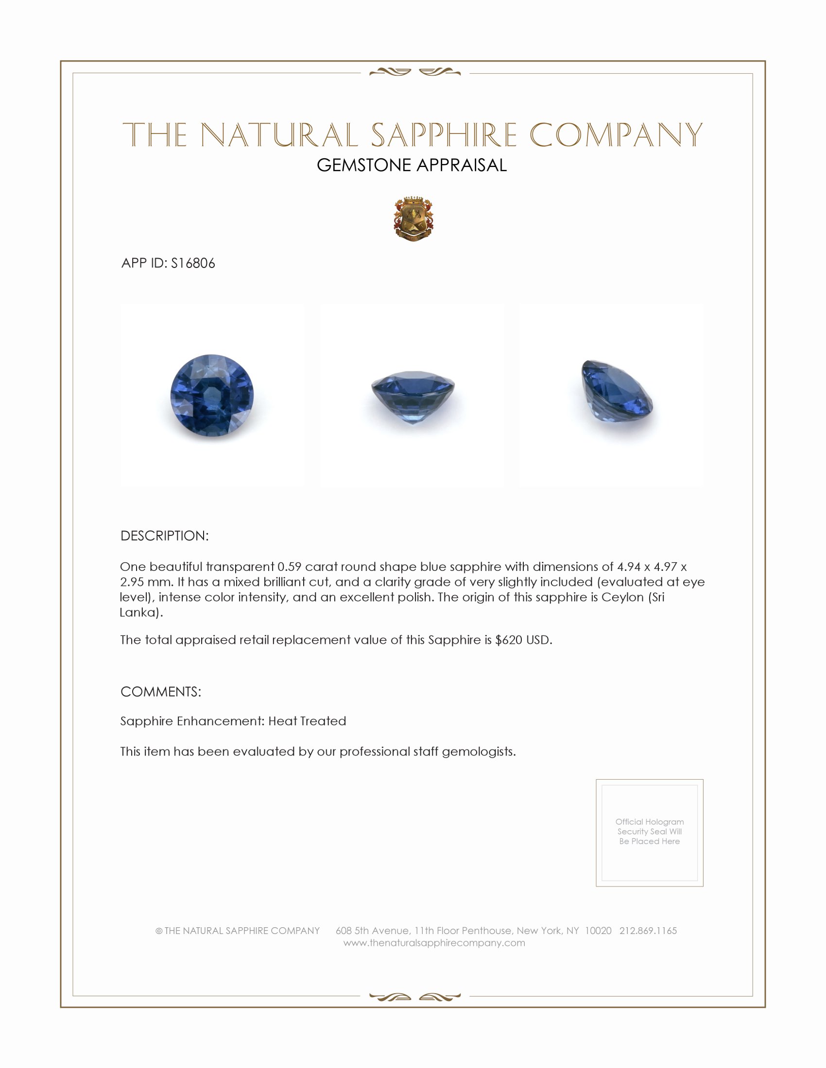 0.59 Ct. Blue Sapphire from Ceylon (Sri Lanka)