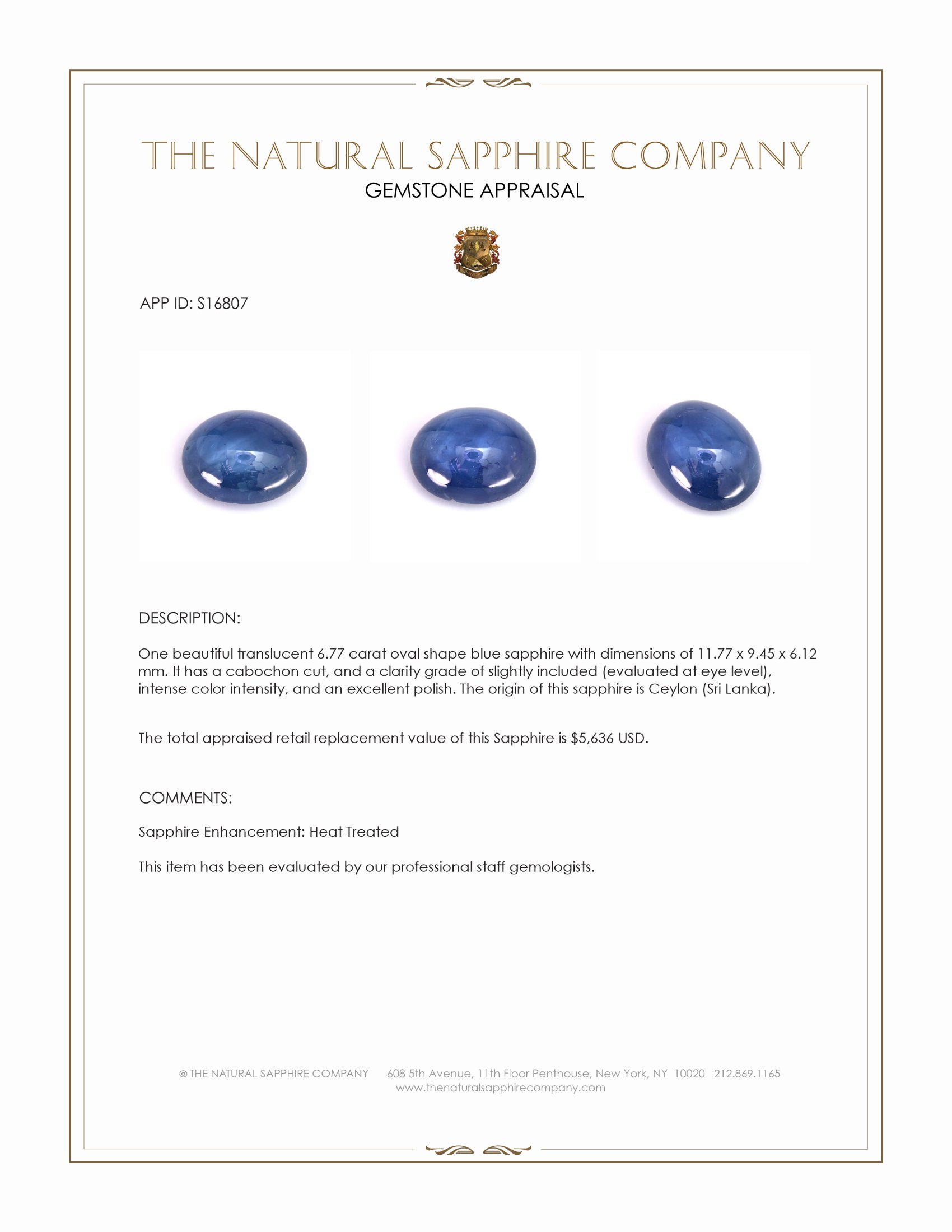 6.77 Ct. Blue Cabochon Sapphire from Ceylon (Sri Lanka)