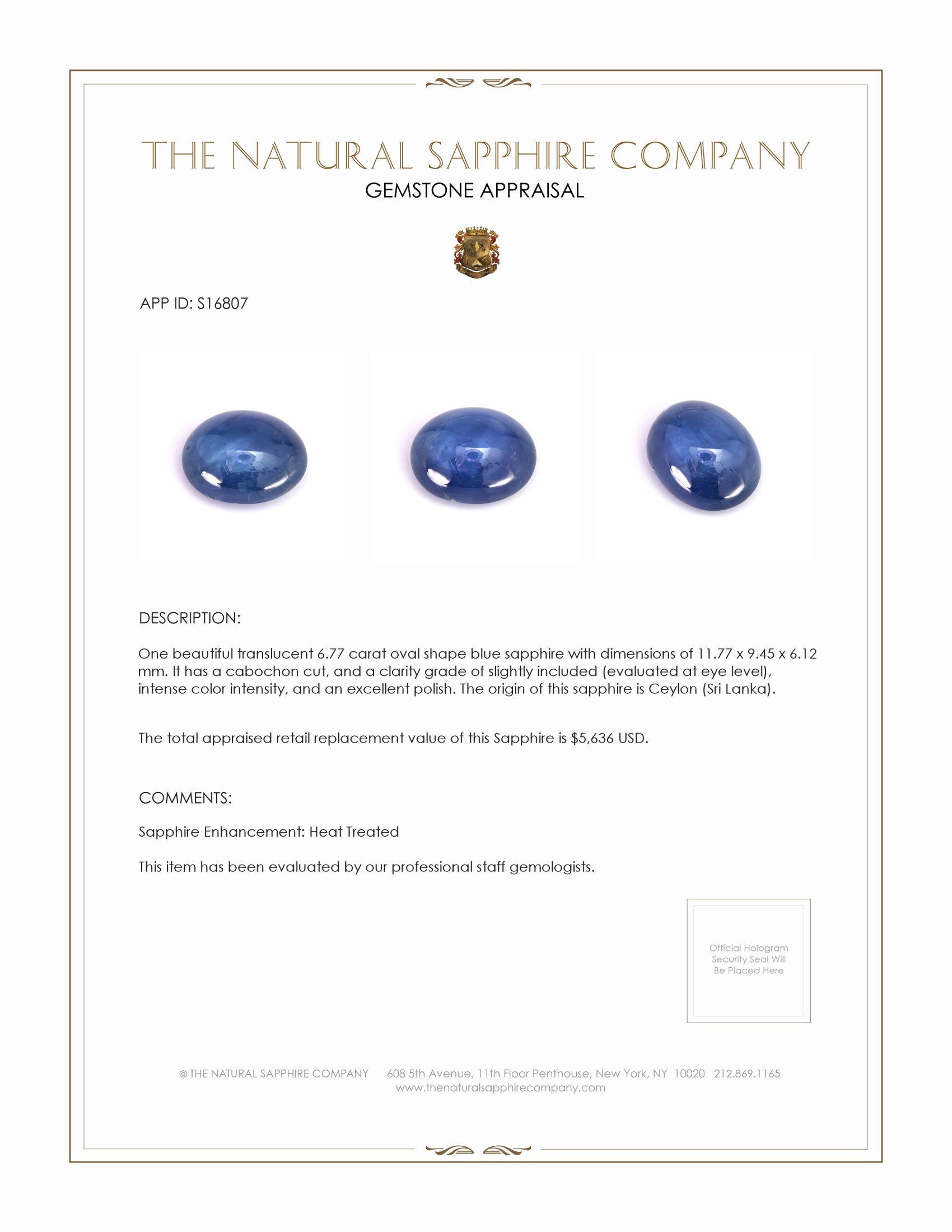 6.77 Ct. Blue Cabochon Sapphire from Ceylon (Sri Lanka)