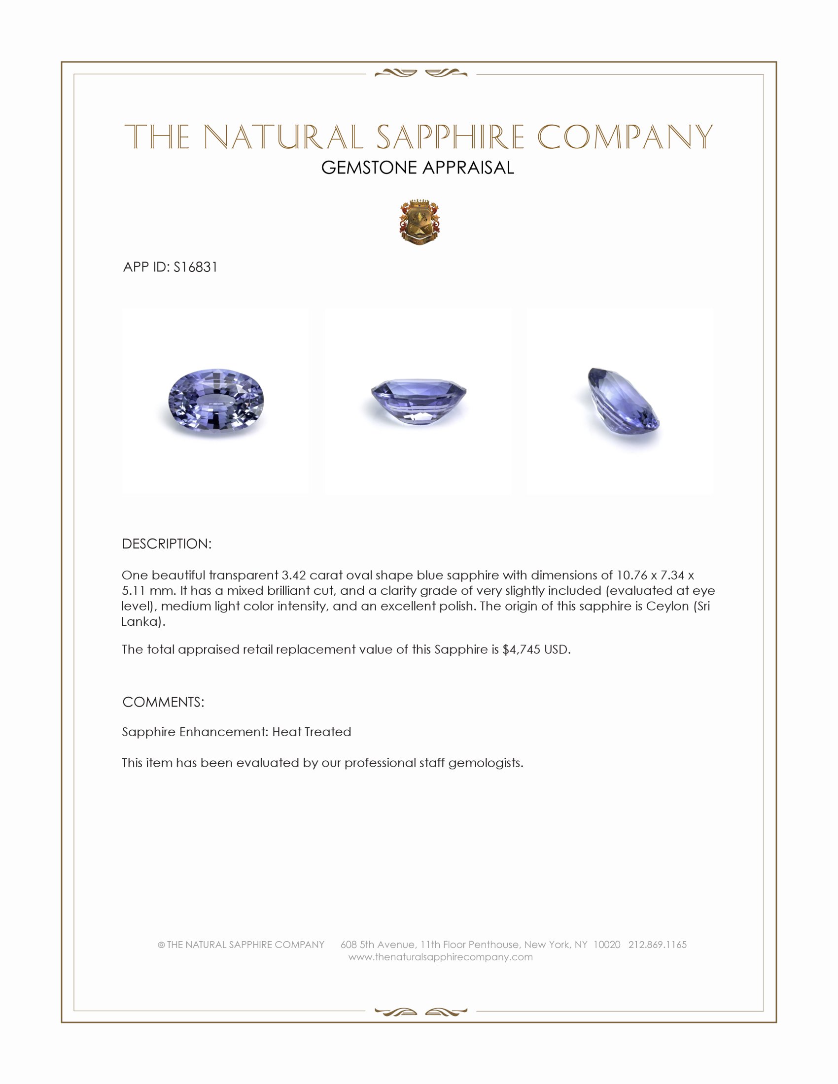 3.42 Ct. Blue Sapphire from Ceylon (Sri Lanka)