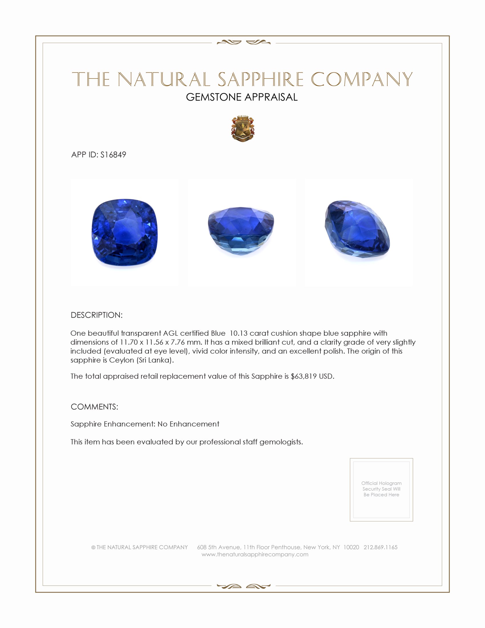 10.13 Ct. Blue Sapphire from Ceylon (Sri Lanka)