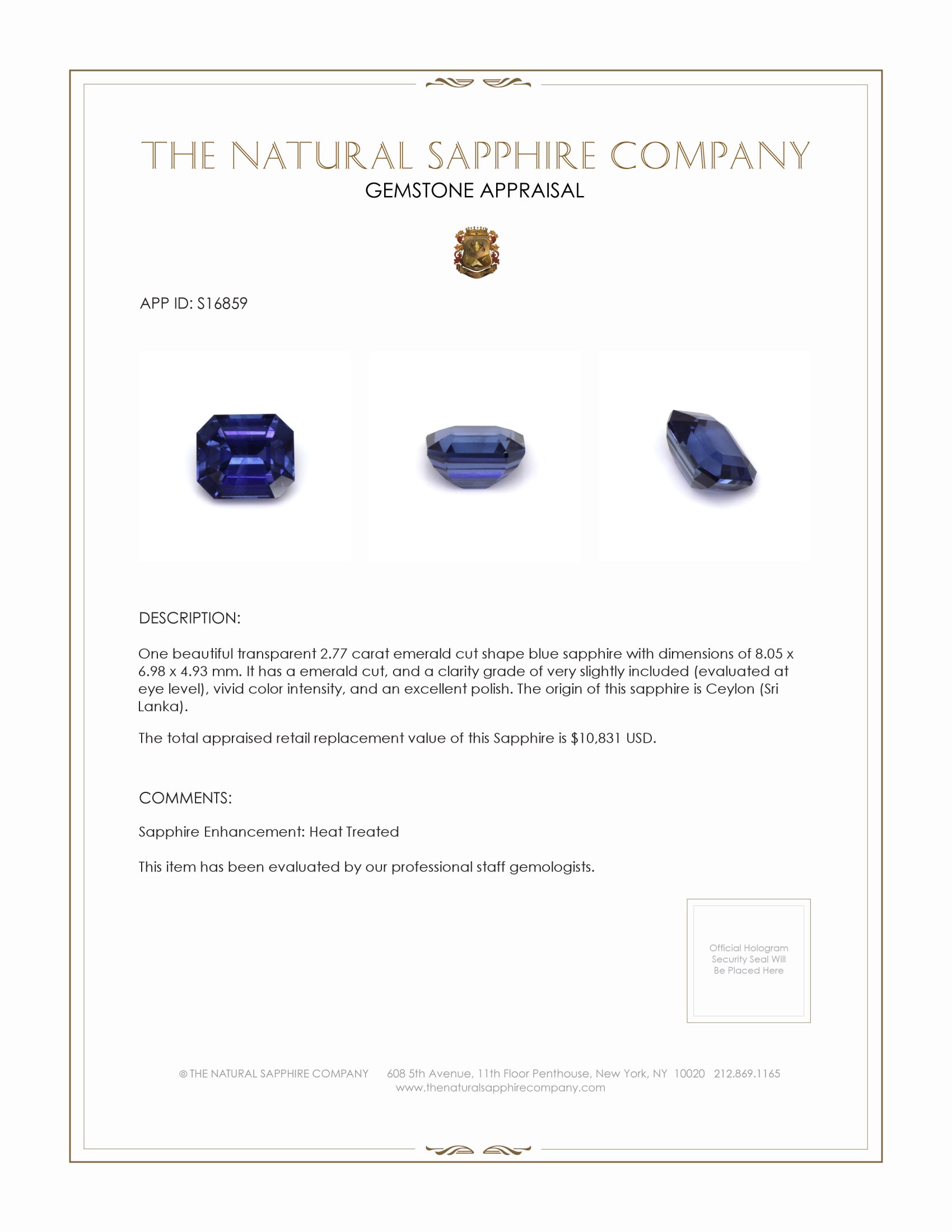 2.77 Ct. Blue Sapphire from Ceylon (Sri Lanka)