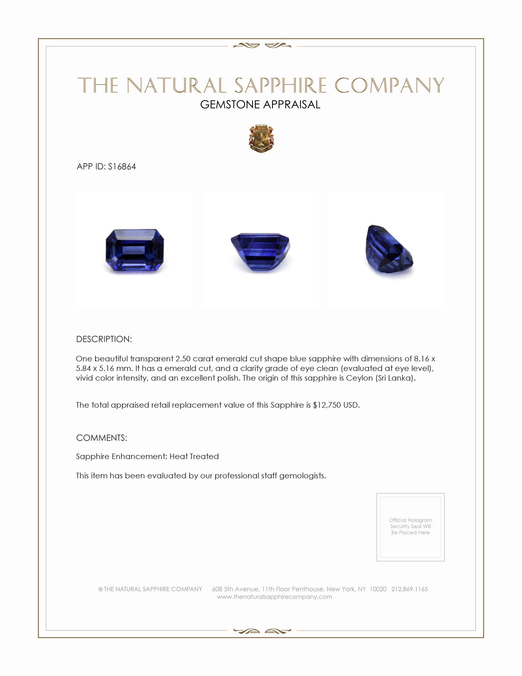 2.50 Ct. Blue Sapphire from Ceylon (Sri Lanka)