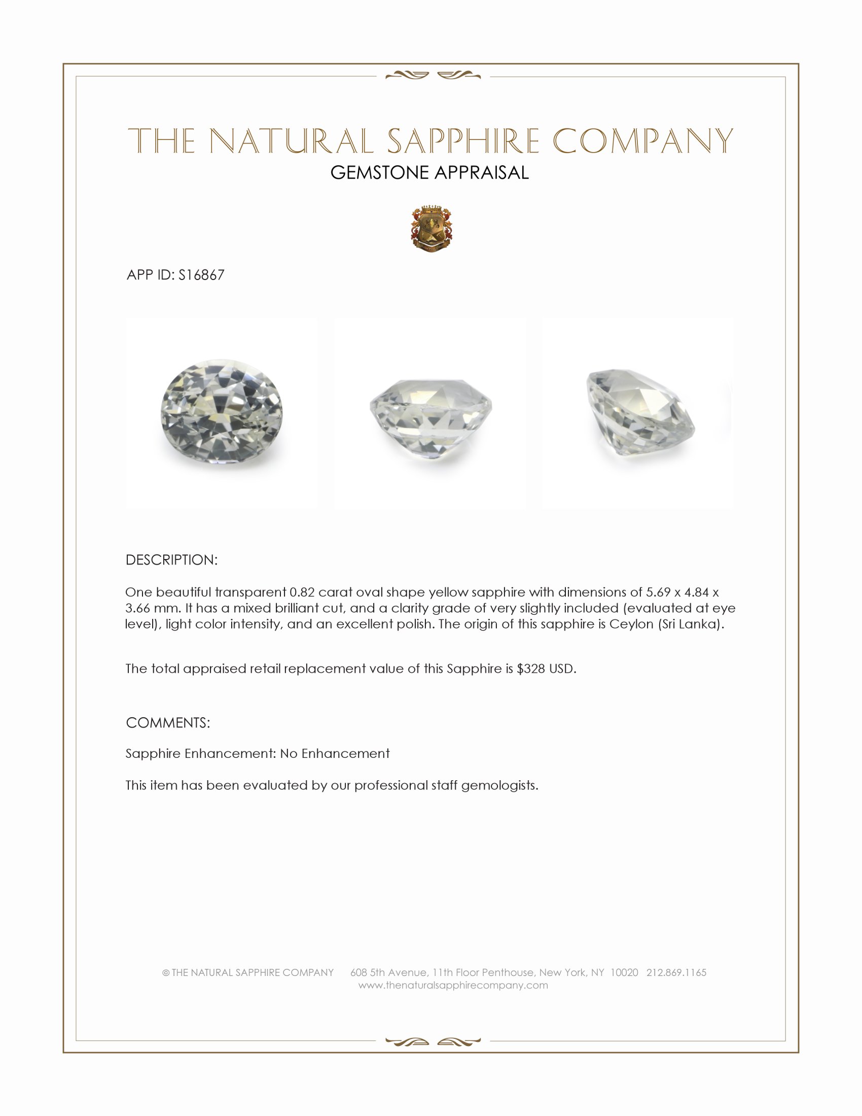 0.82 Ct. Yellow Sapphire from Ceylon (Sri Lanka)