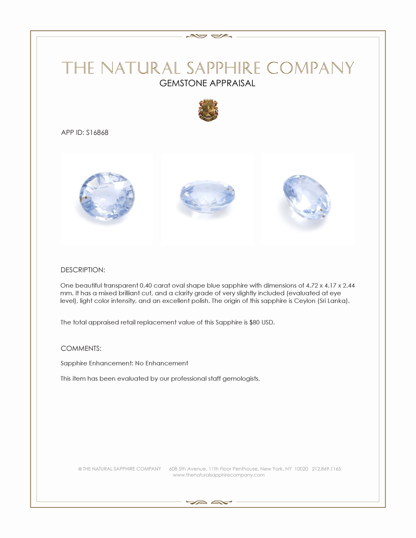 0.40 Ct. Blue Sapphire from Ceylon (Sri Lanka)