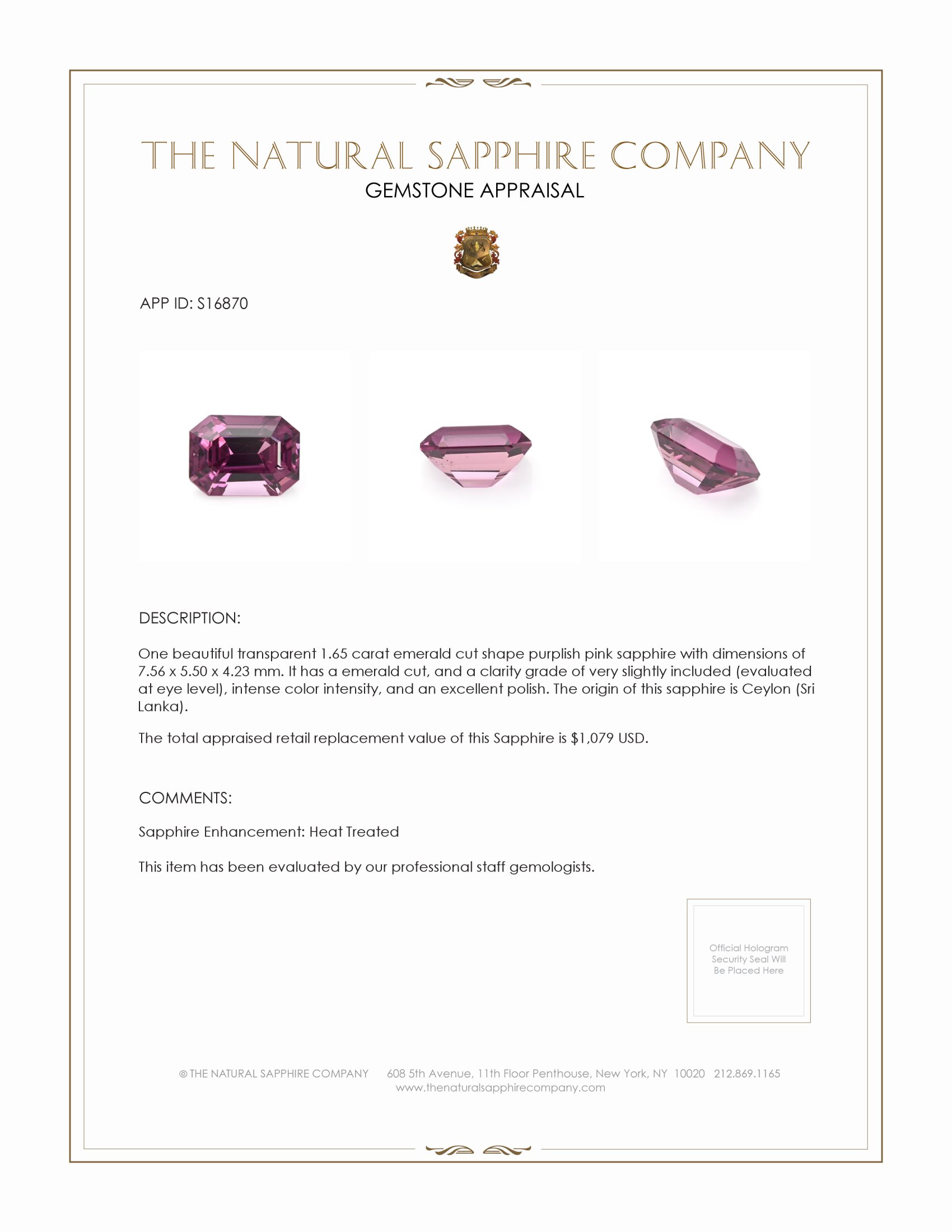 1.65 Ct. Purplish Pink Sapphire from Ceylon (Sri Lanka)