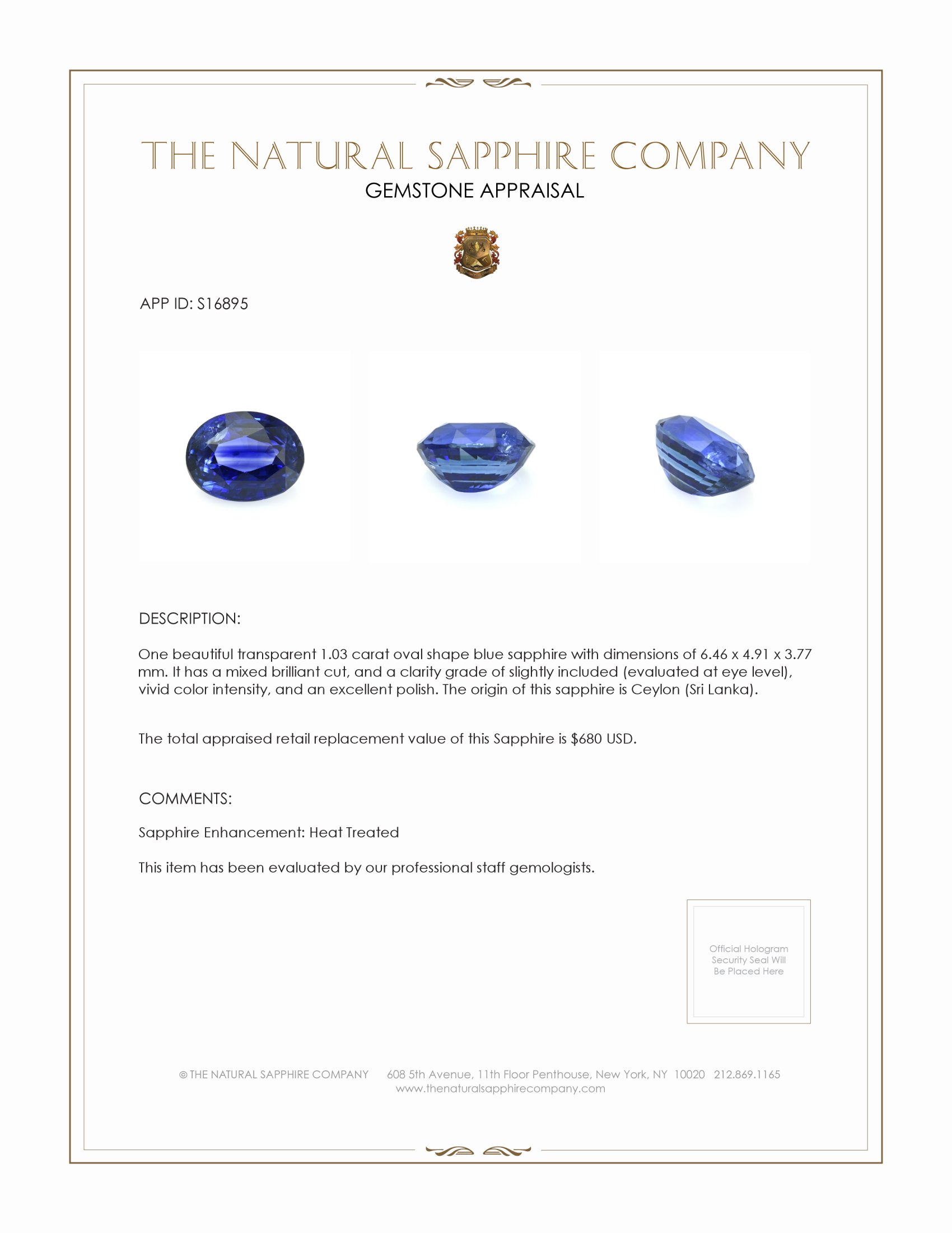 1.03 Ct. Blue Sapphire from Ceylon (Sri Lanka)