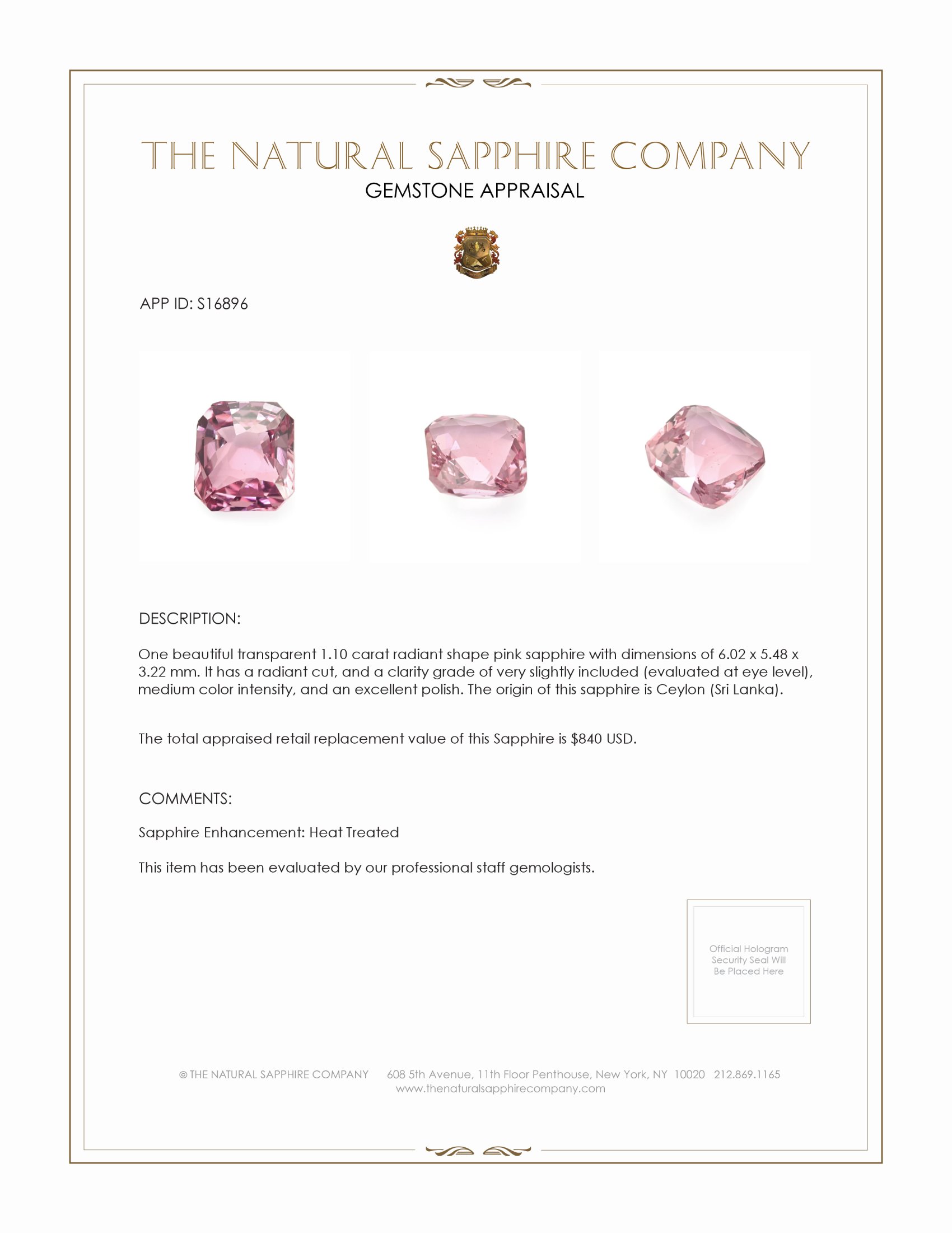 1.10 Ct. Pink Sapphire from Ceylon (Sri Lanka)