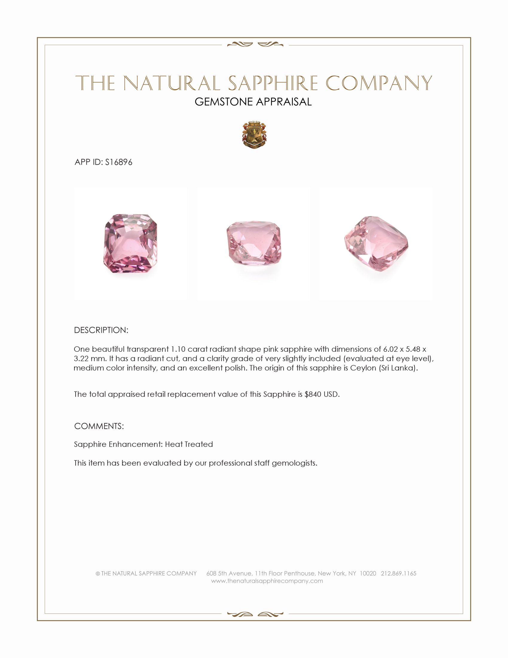 1.10 Ct. Pink Sapphire from Ceylon (Sri Lanka)