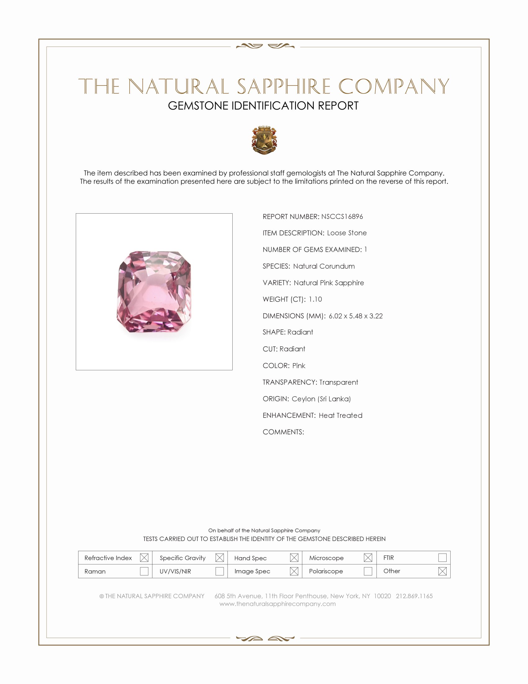 1.10 Ct. Pink Sapphire from Ceylon (Sri Lanka)