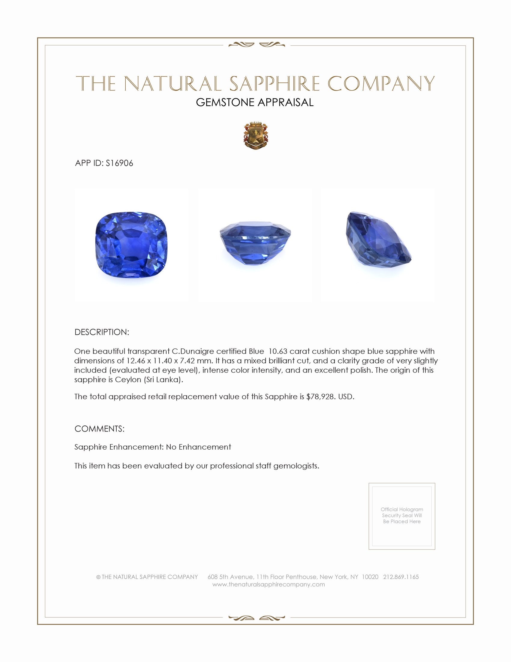 10.63 Ct. Blue Sapphire from Ceylon (Sri Lanka)