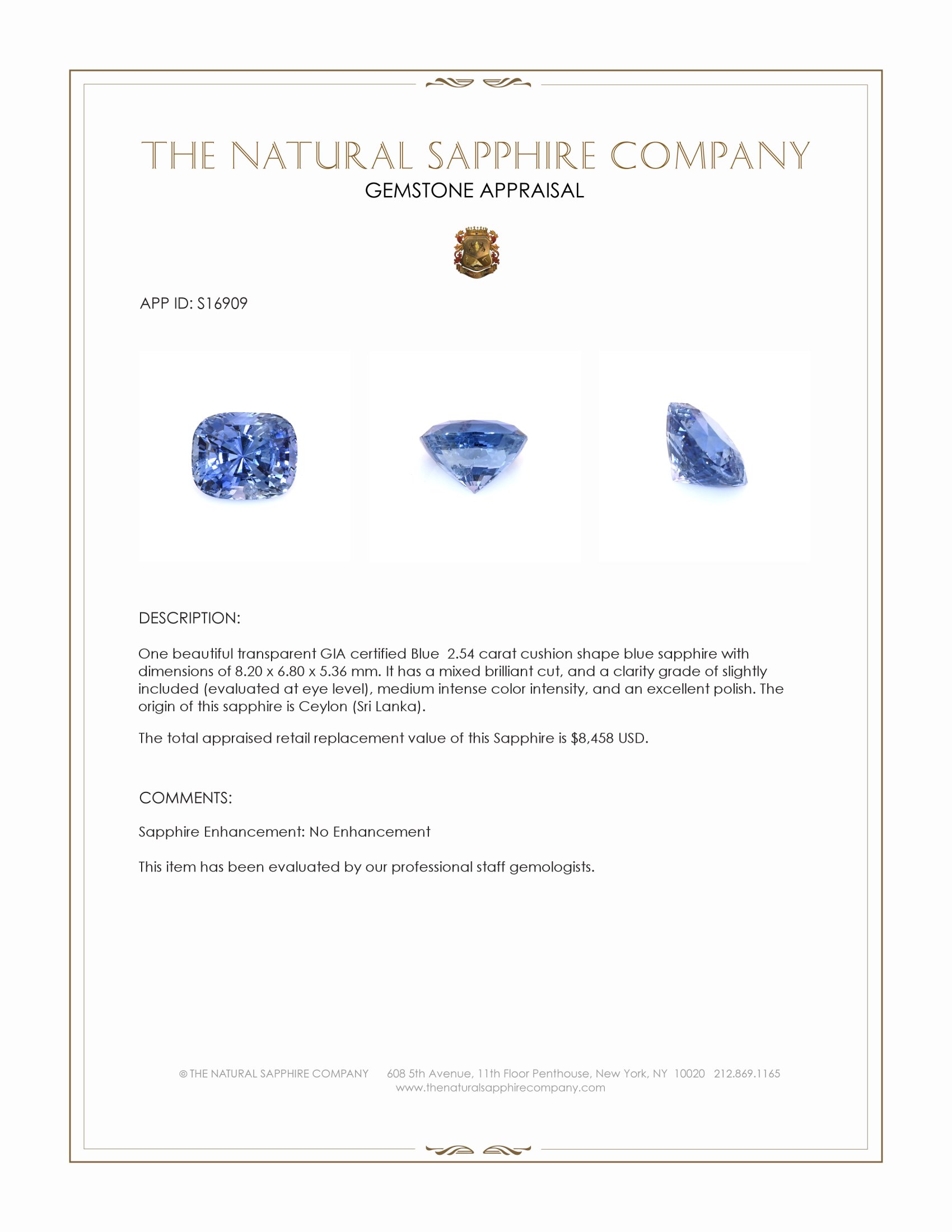 2.54 Ct. Blue Sapphire from Ceylon (Sri Lanka)