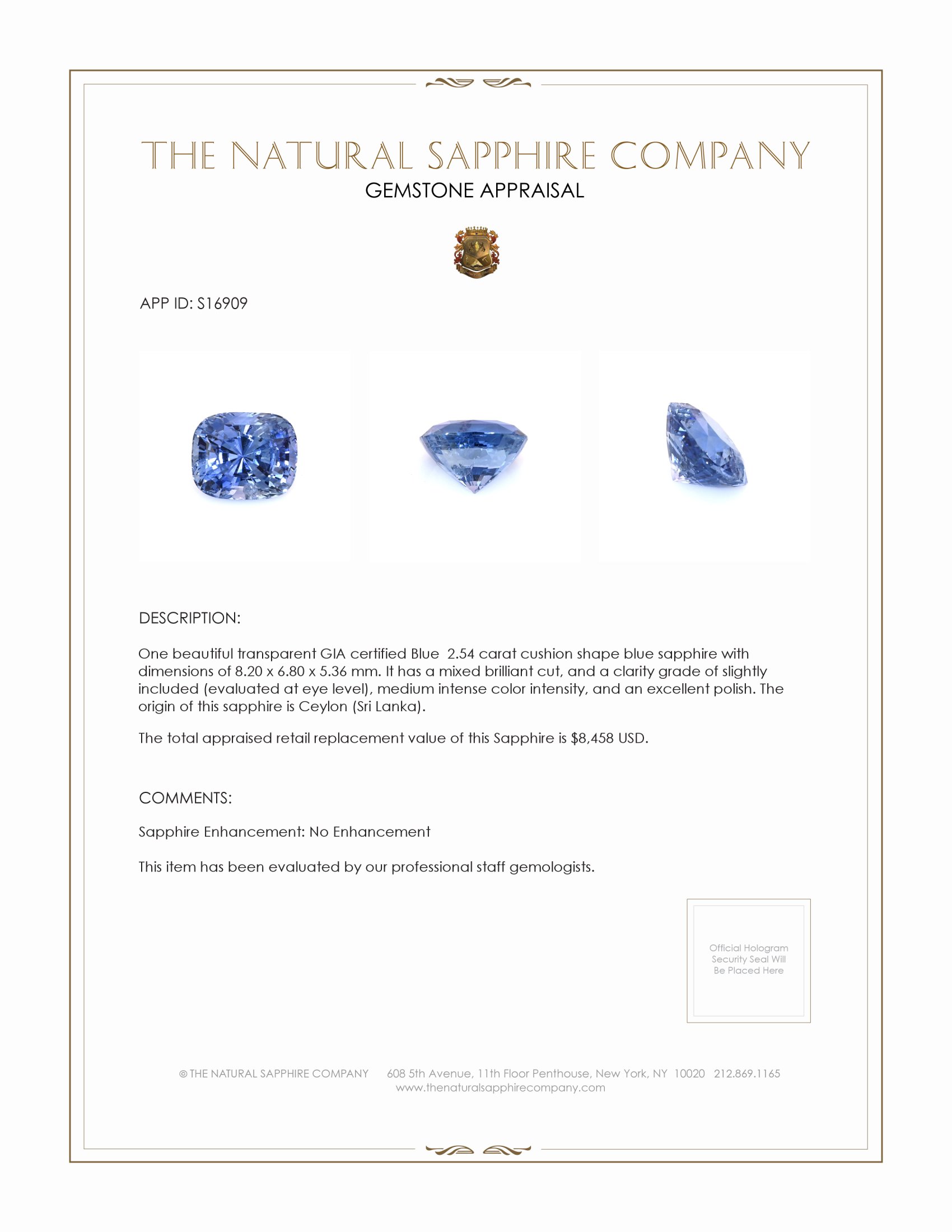 2.54 Ct. Blue Sapphire from Ceylon (Sri Lanka)