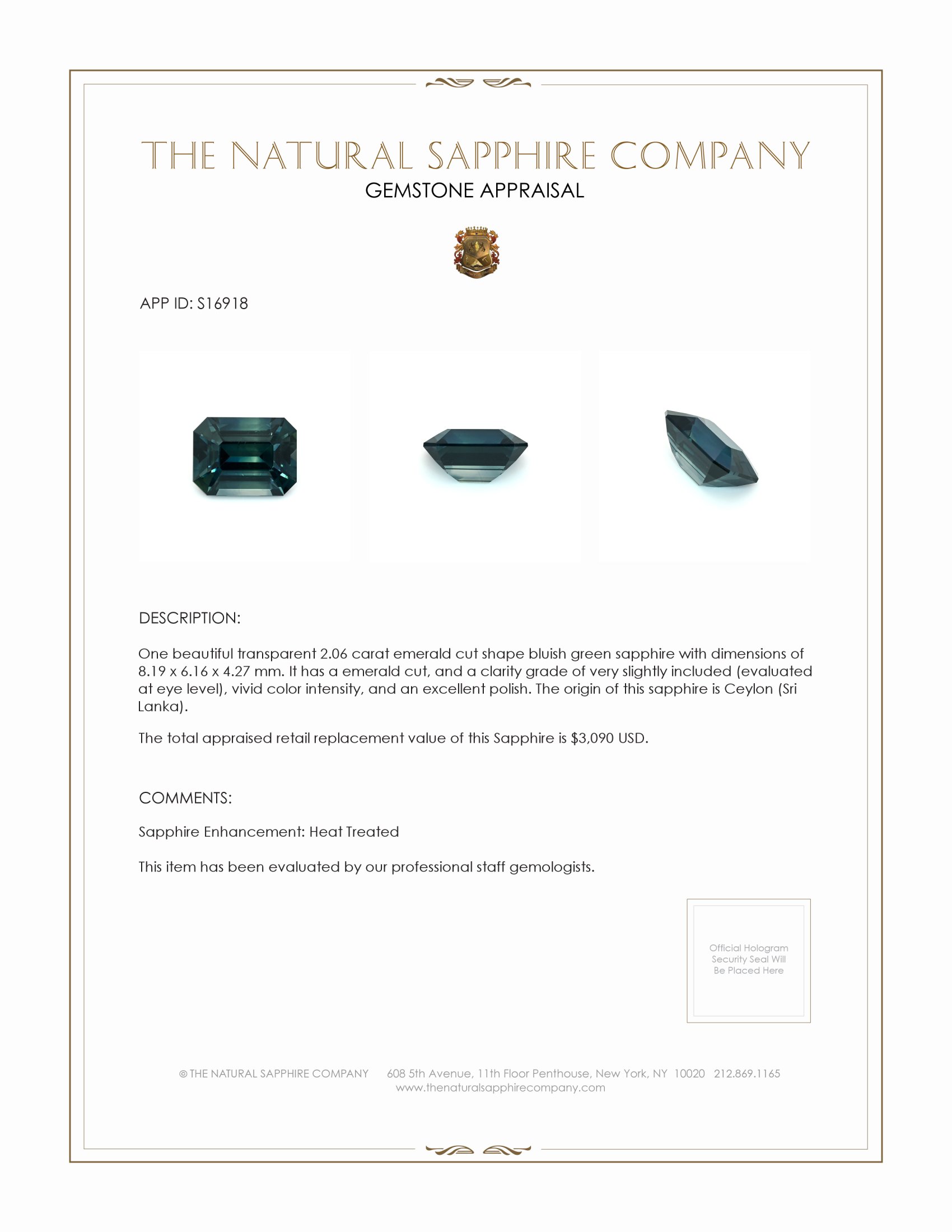 2.06 Ct. Bluish Green Sapphire from Ceylon (Sri Lanka)