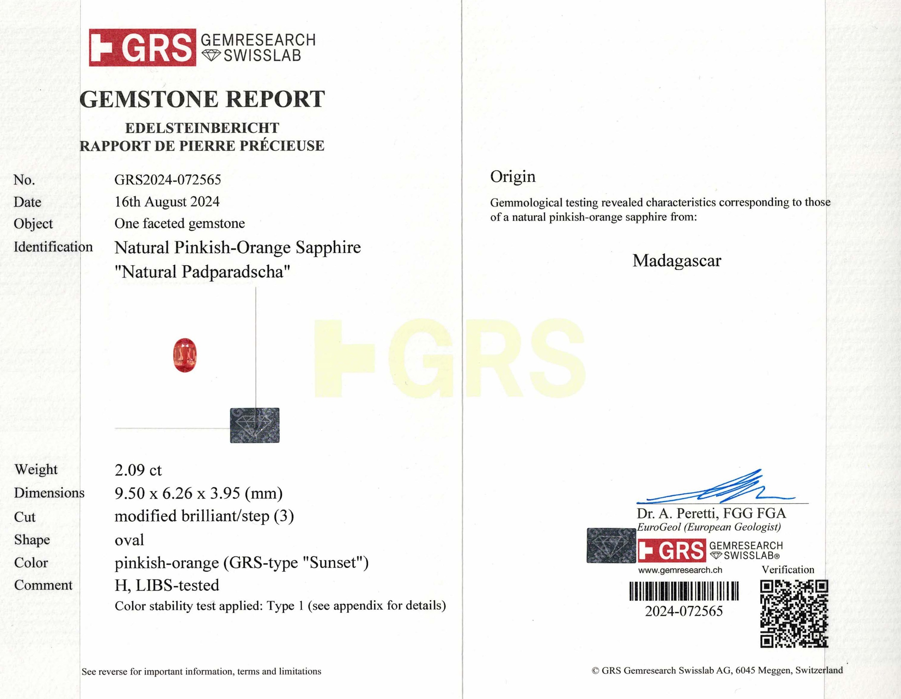 2.09 Ct. Padparadscha Sapphire from Madagascar