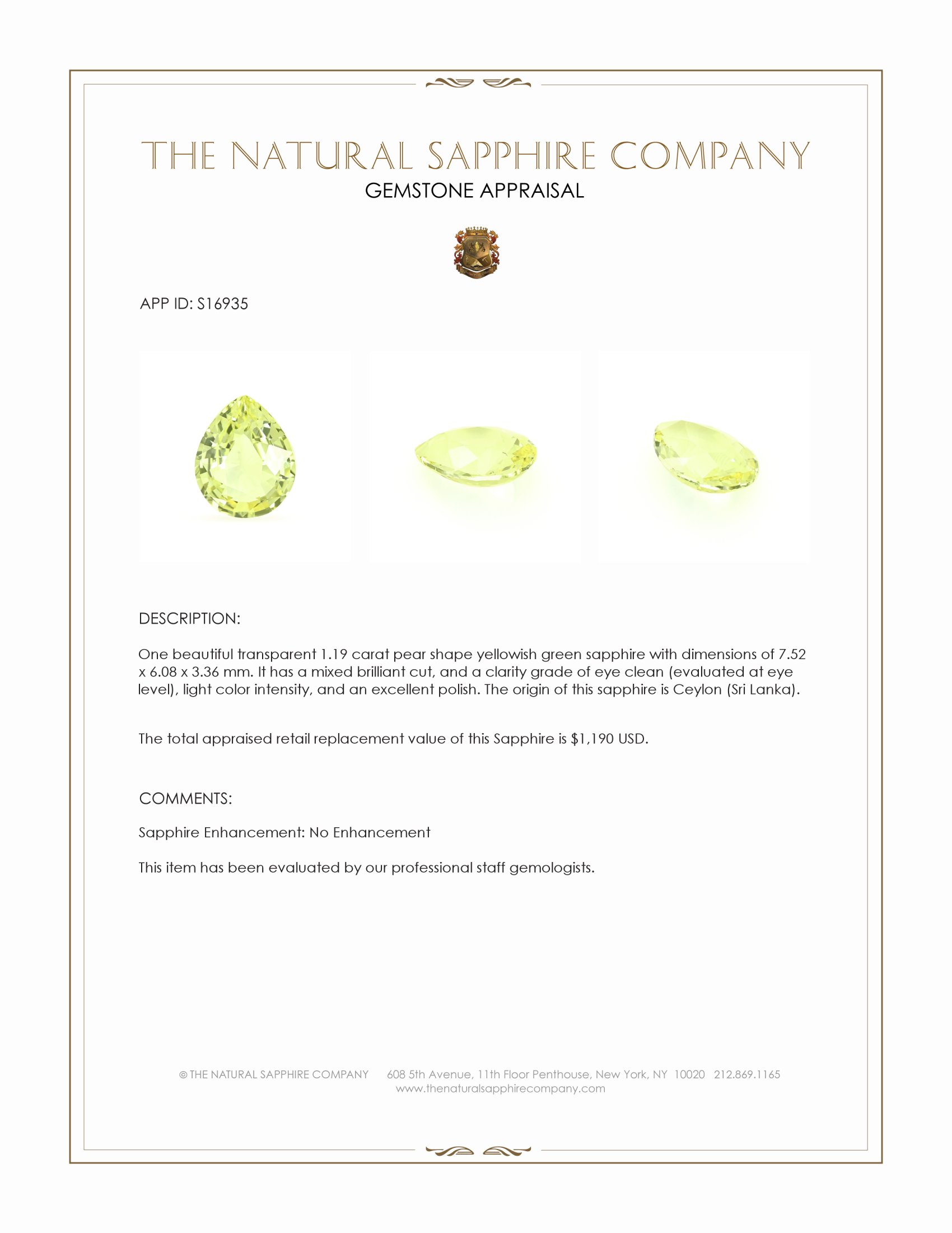 1.19 Ct. Yellowish Green Sapphire from Ceylon (Sri Lanka)