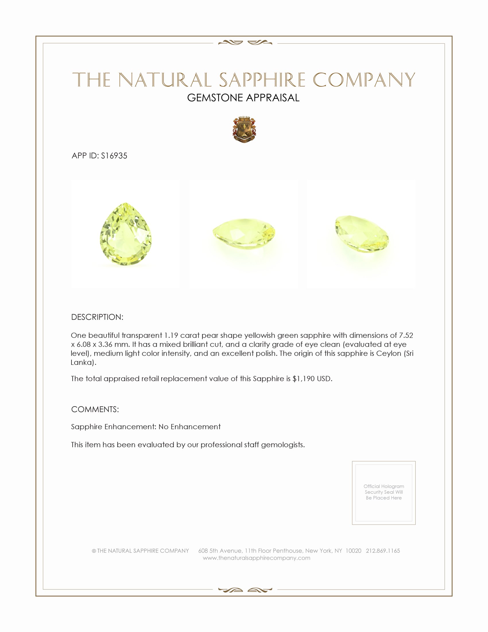 1.19 Ct. Yellowish Green Sapphire from Ceylon (Sri Lanka)