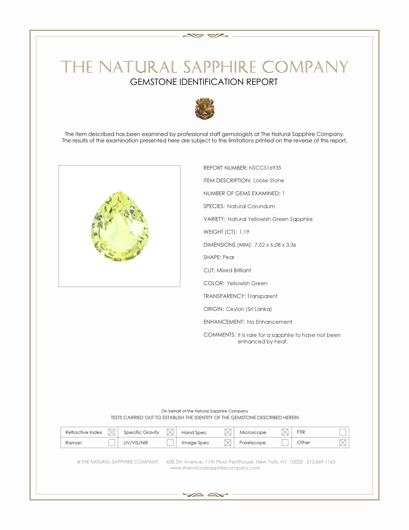 1.19 Ct. Yellowish Green Sapphire from Ceylon (Sri Lanka)