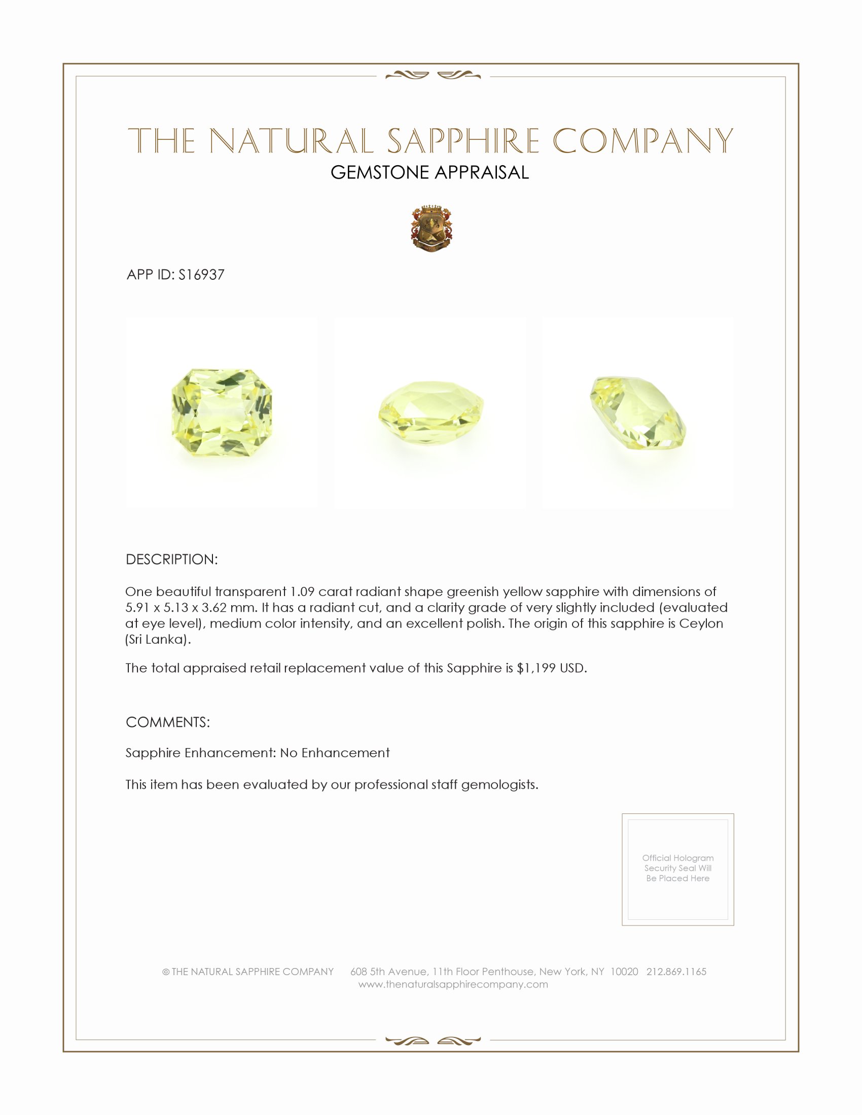 1.09 Ct. Greenish Yellow Sapphire from Ceylon (Sri Lanka)