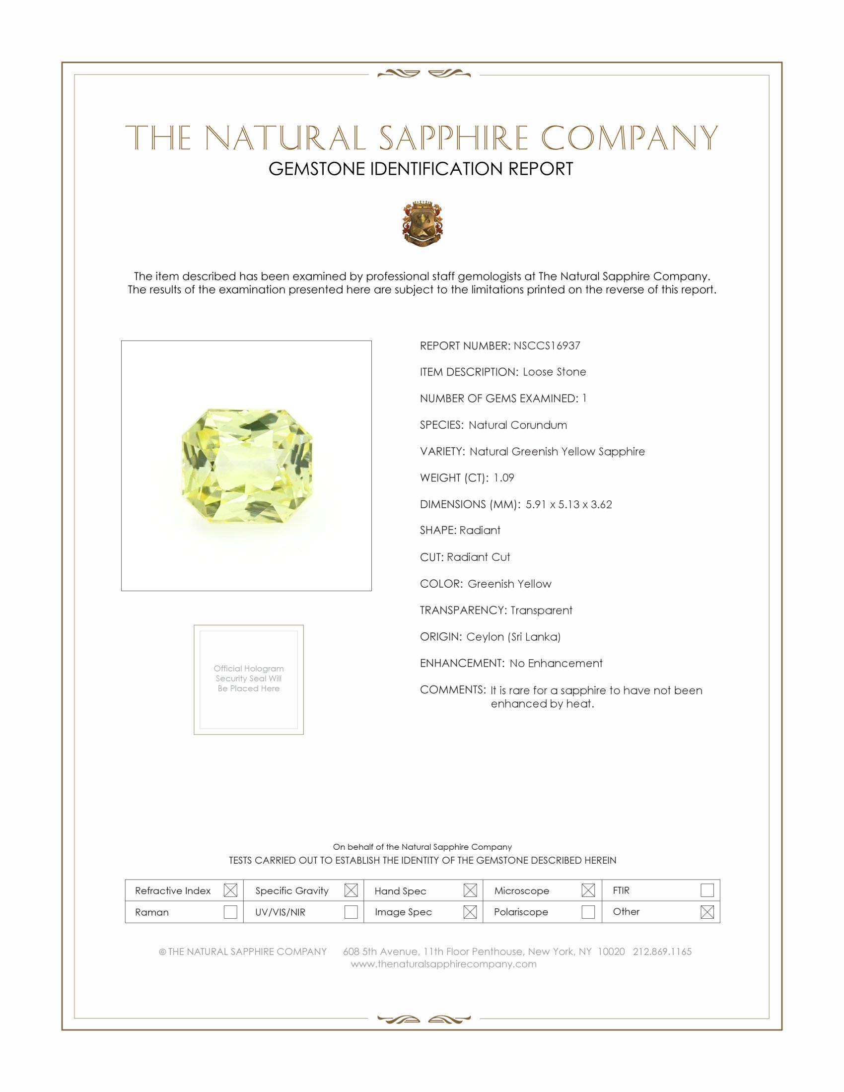 1.09 Ct. Greenish Yellow Sapphire from Ceylon (Sri Lanka)