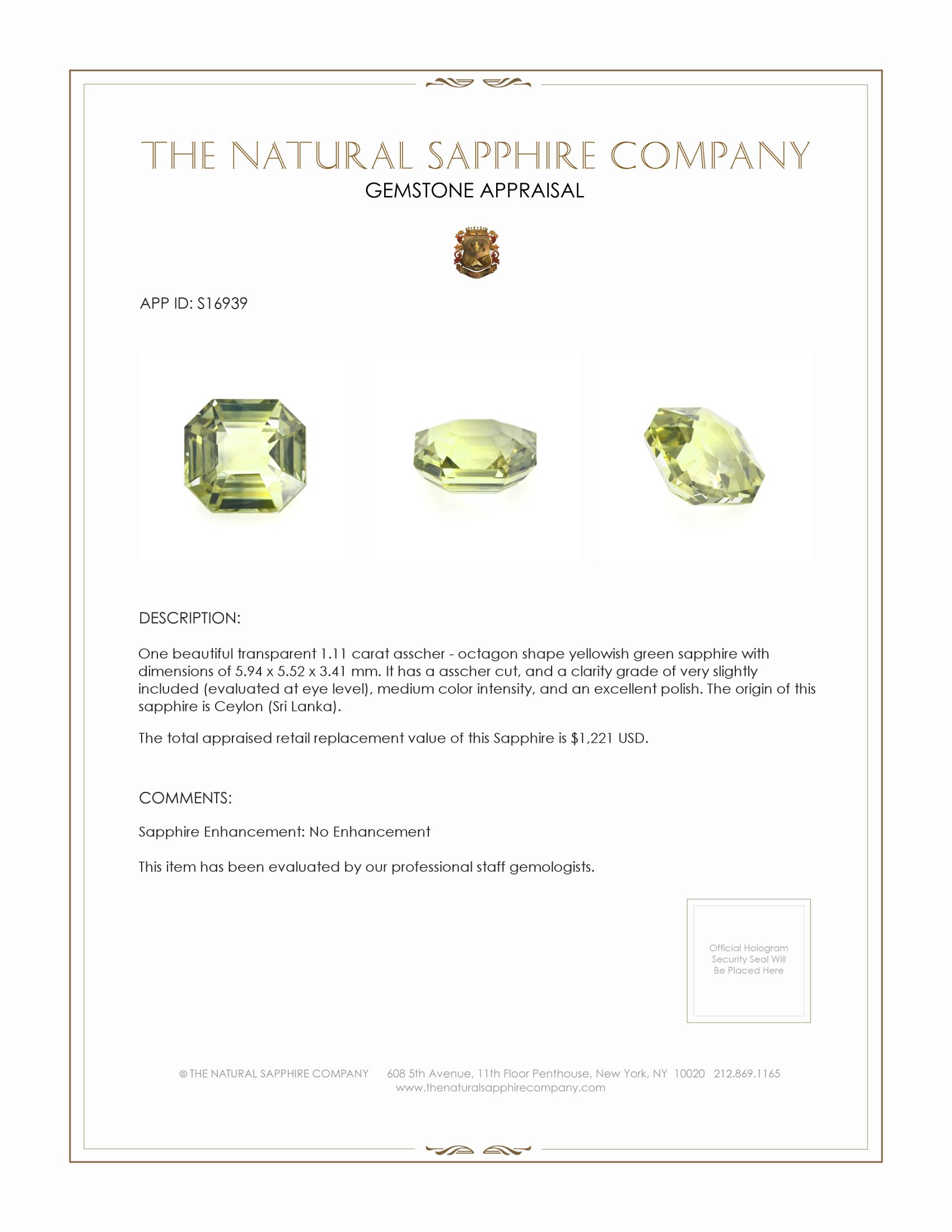 1.11 Ct. Yellowish Green Sapphire from Ceylon (Sri Lanka)