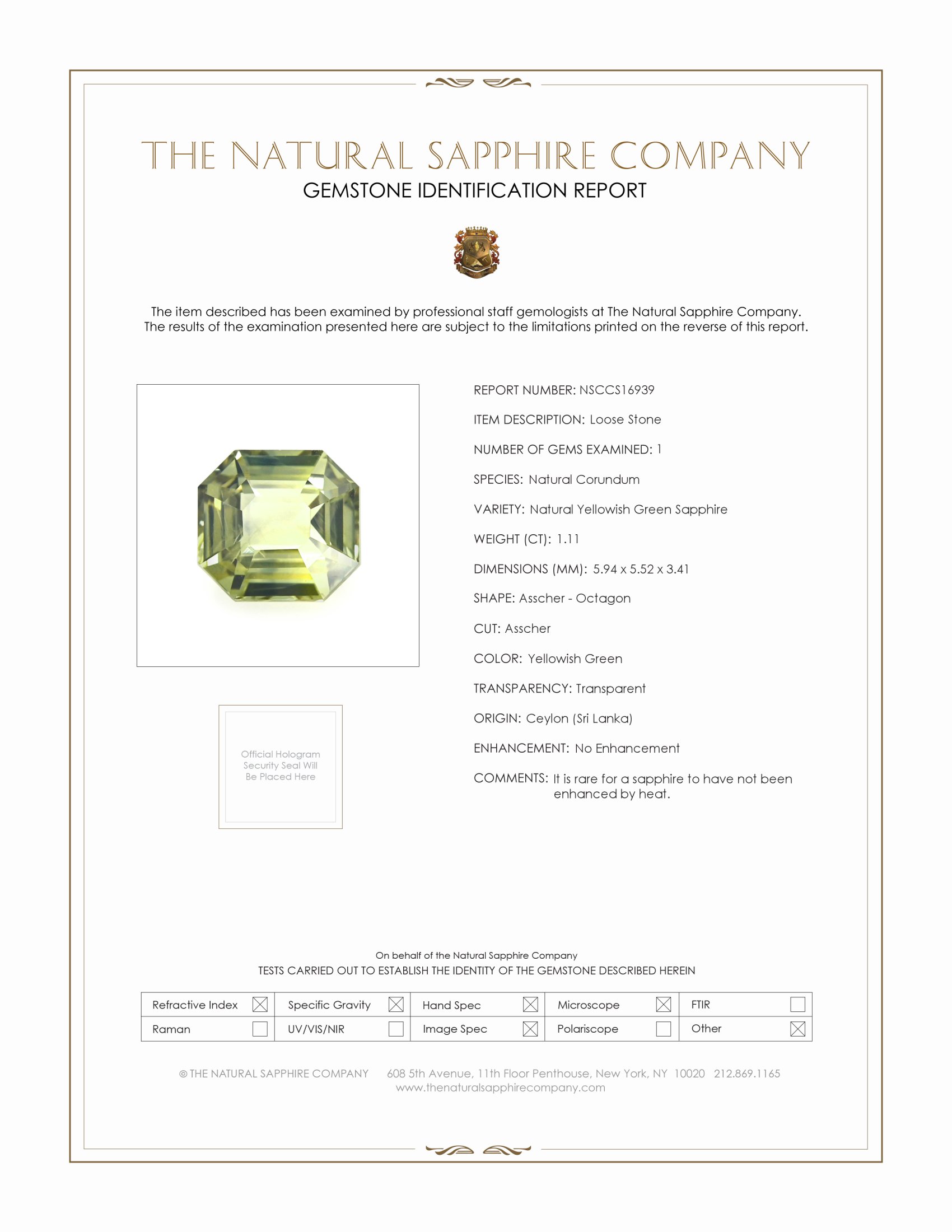1.11 Ct. Yellowish Green Sapphire from Ceylon (Sri Lanka)