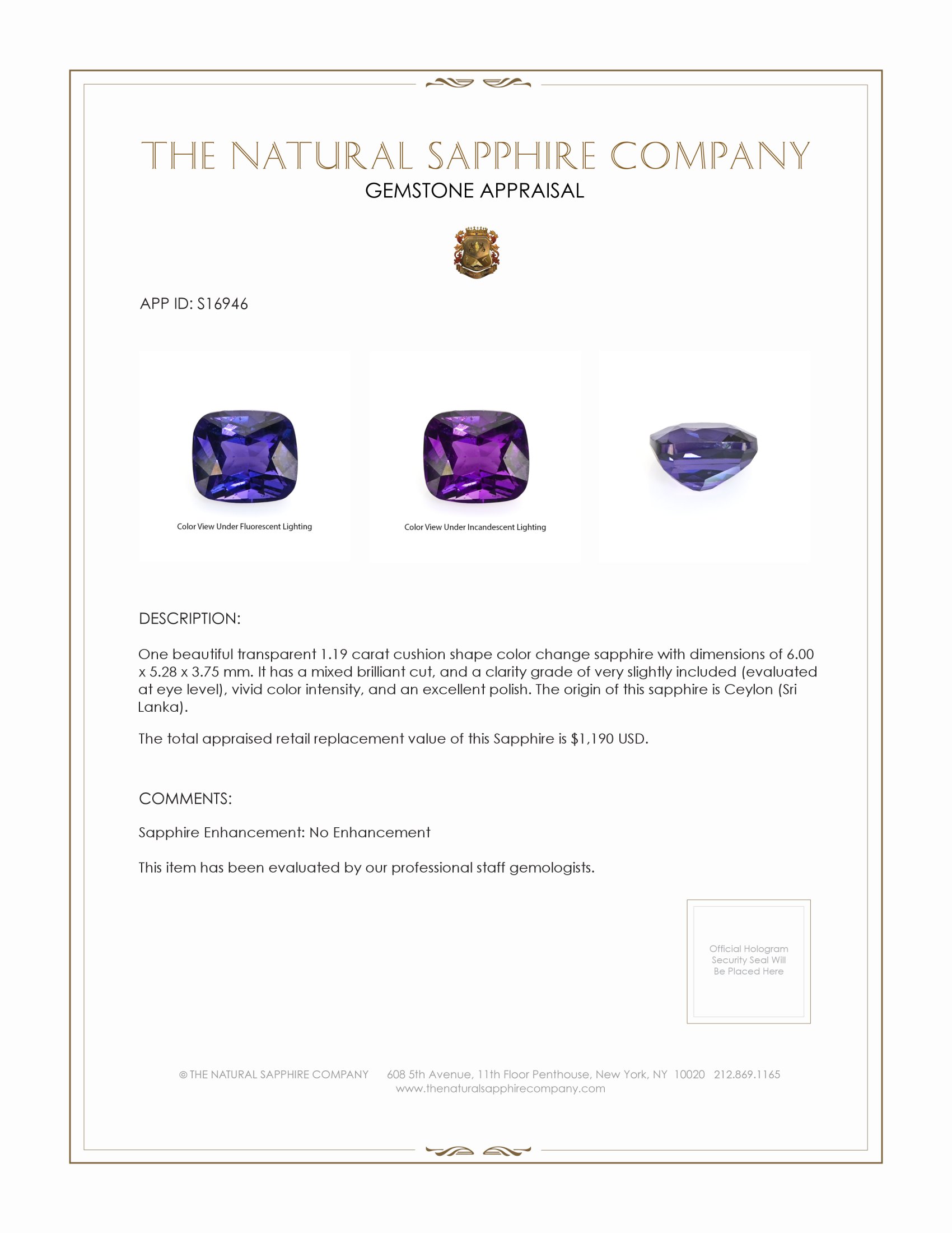 1.19 Ct. Color Change Sapphire from Ceylon (Sri Lanka)