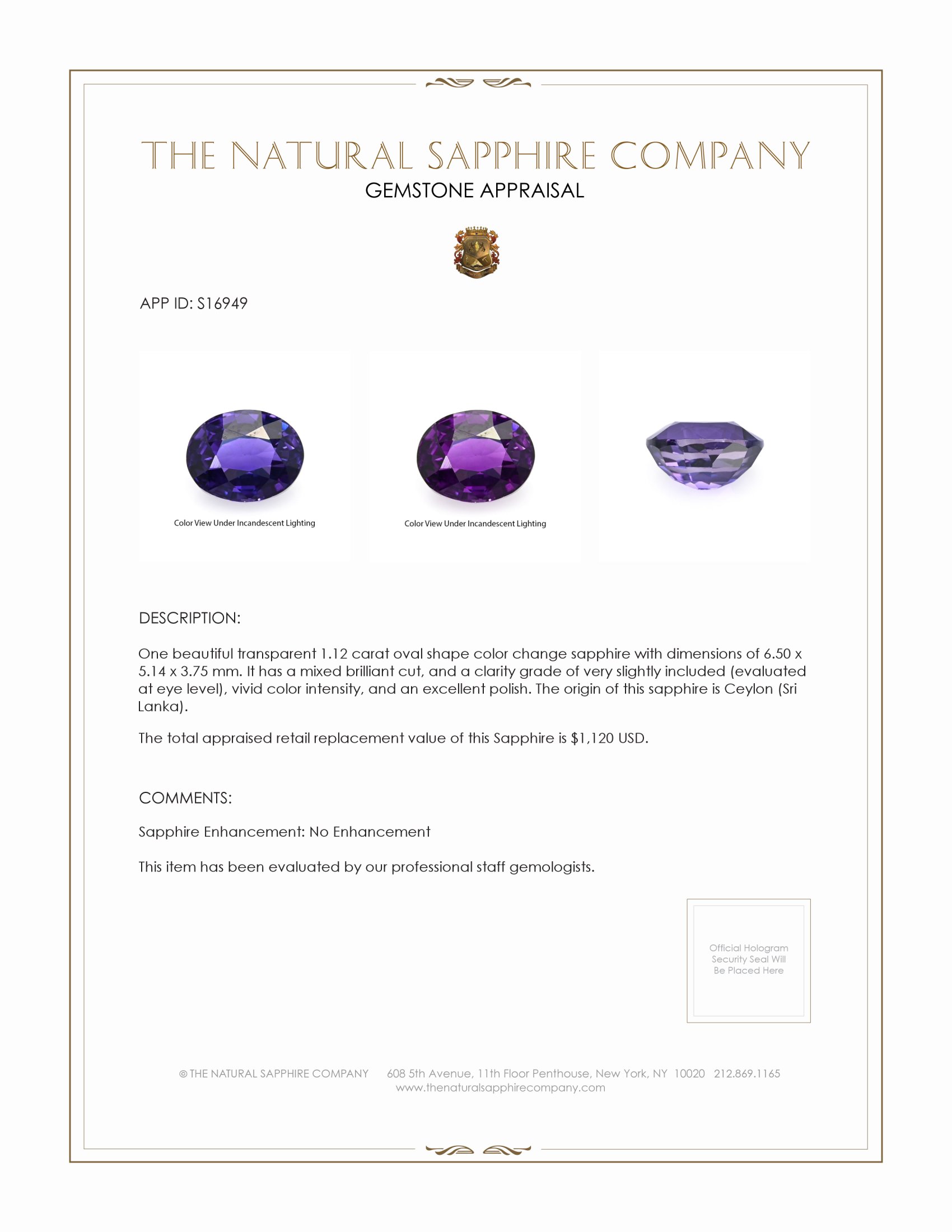 1.12 Ct. Color Change Sapphire from Ceylon (Sri Lanka)