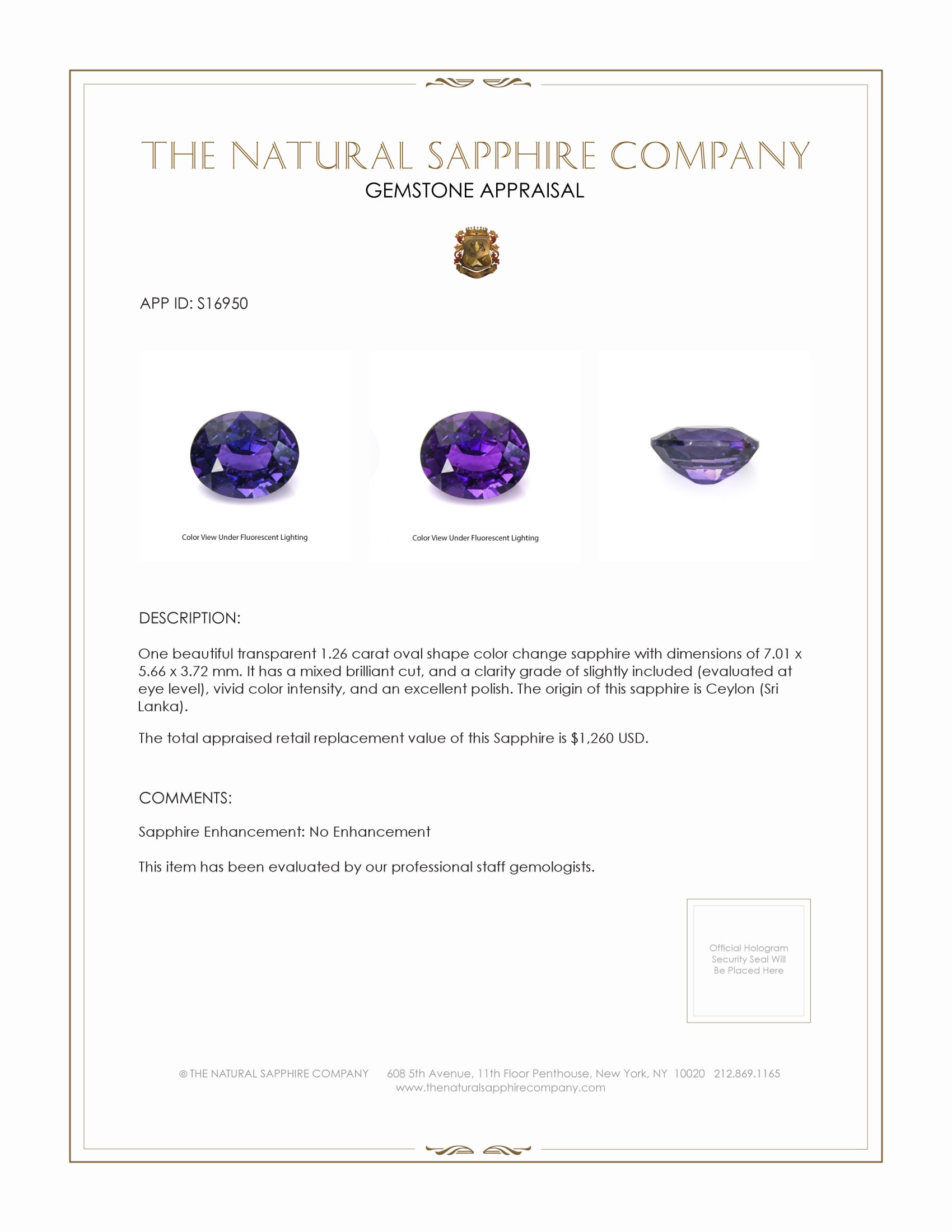 1.26 Ct. Color Change Sapphire from Ceylon (Sri Lanka)