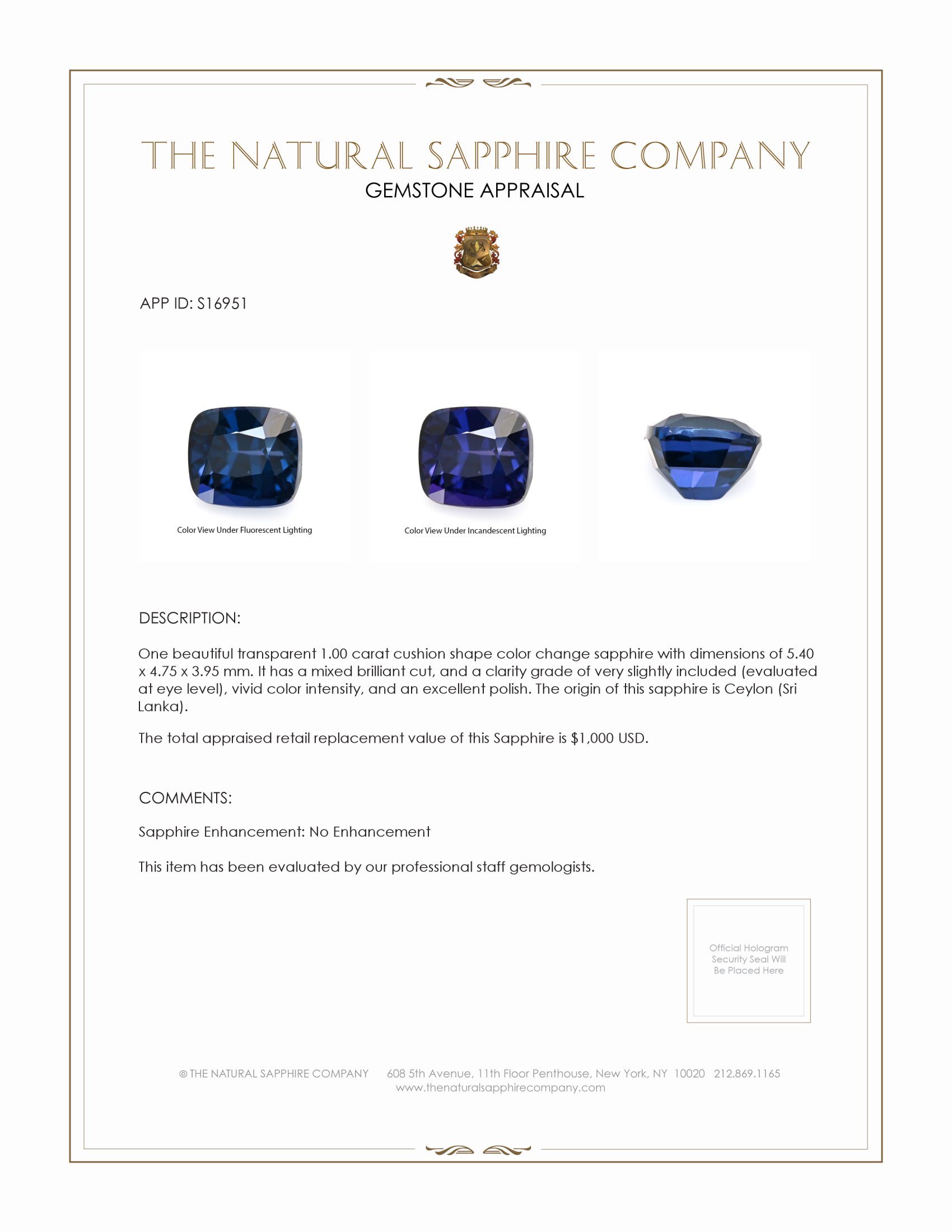 1.00 Ct. Color Change Sapphire from Ceylon (Sri Lanka)