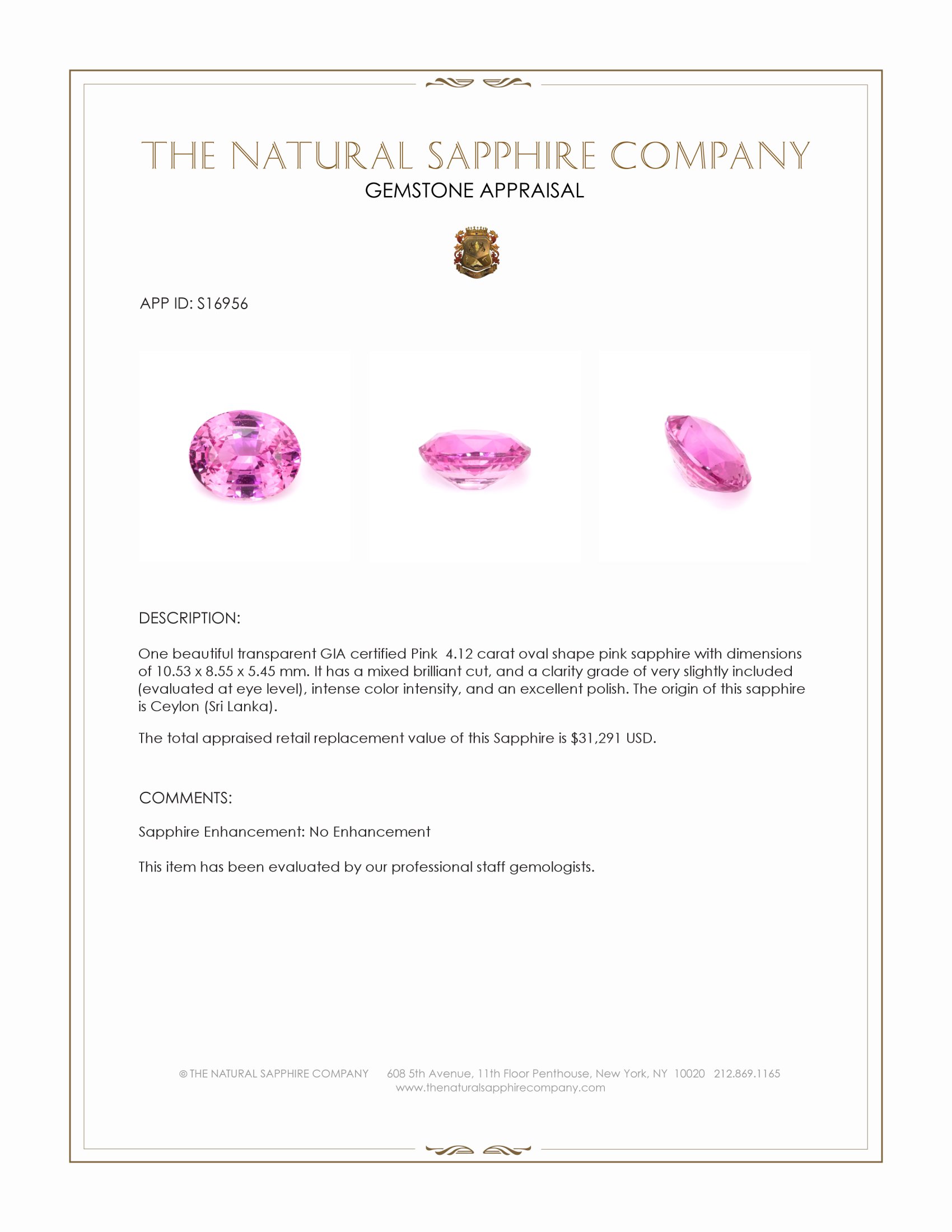 4.12 Ct. Pink Sapphire from Ceylon (Sri Lanka)