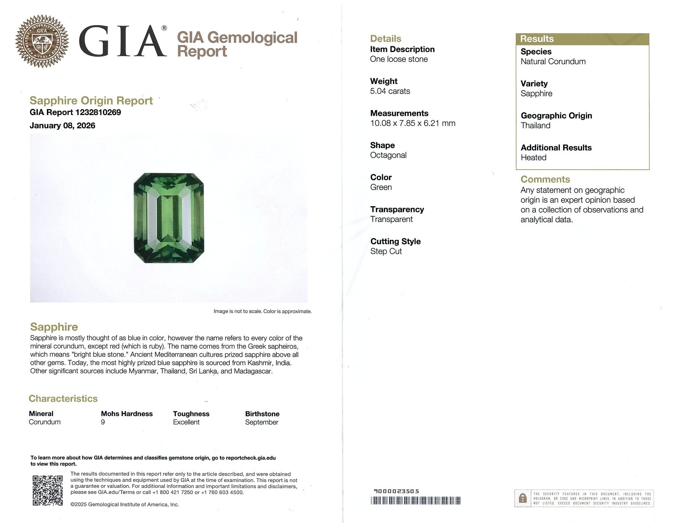 5.05 Ct. Green Sapphire from Thailand