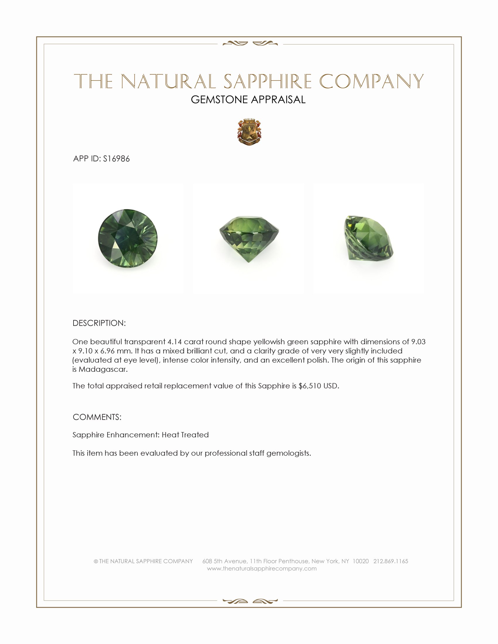 4.14 Ct. Yellowish Green Sapphire from Madagascar