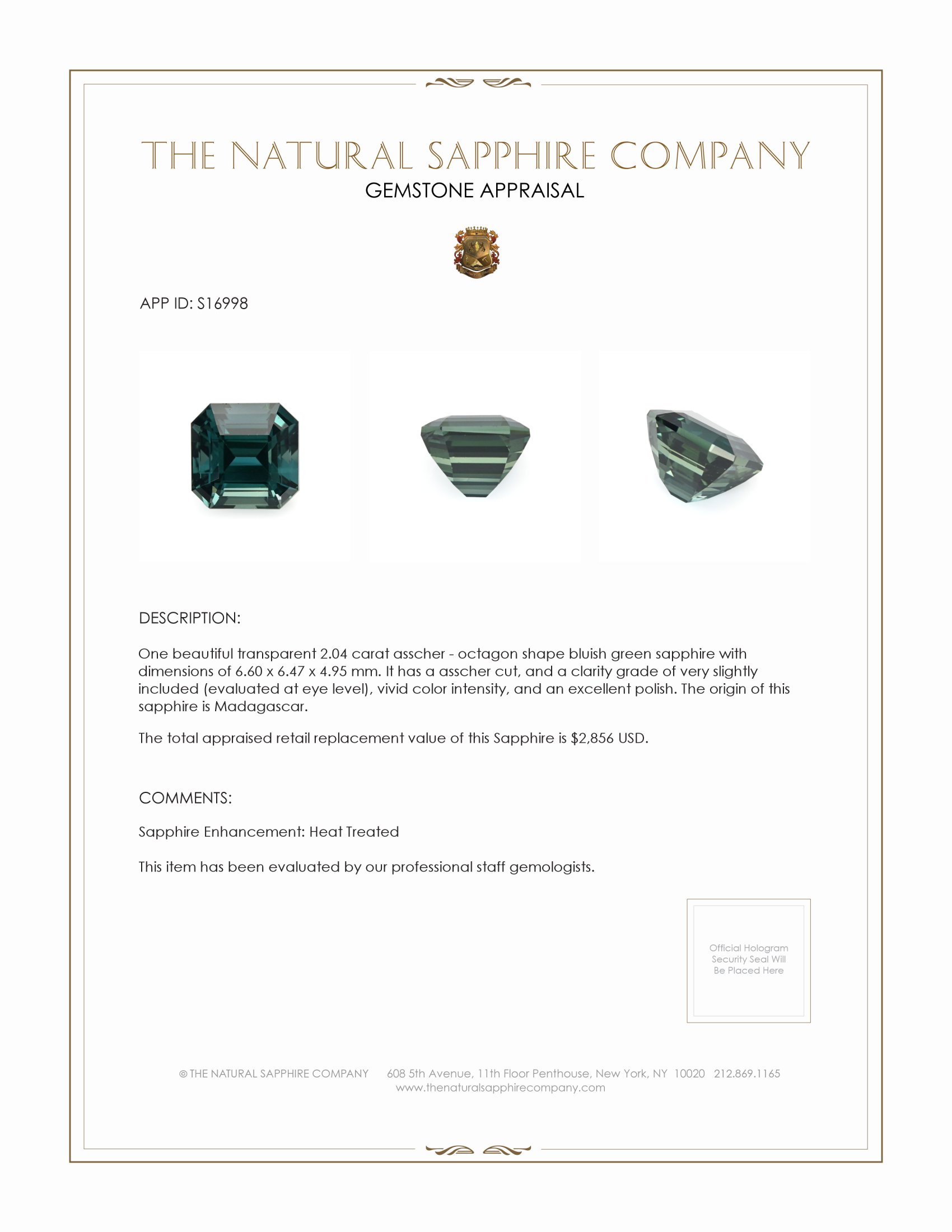 2.04 Ct. Bluish Green Sapphire from Madagascar