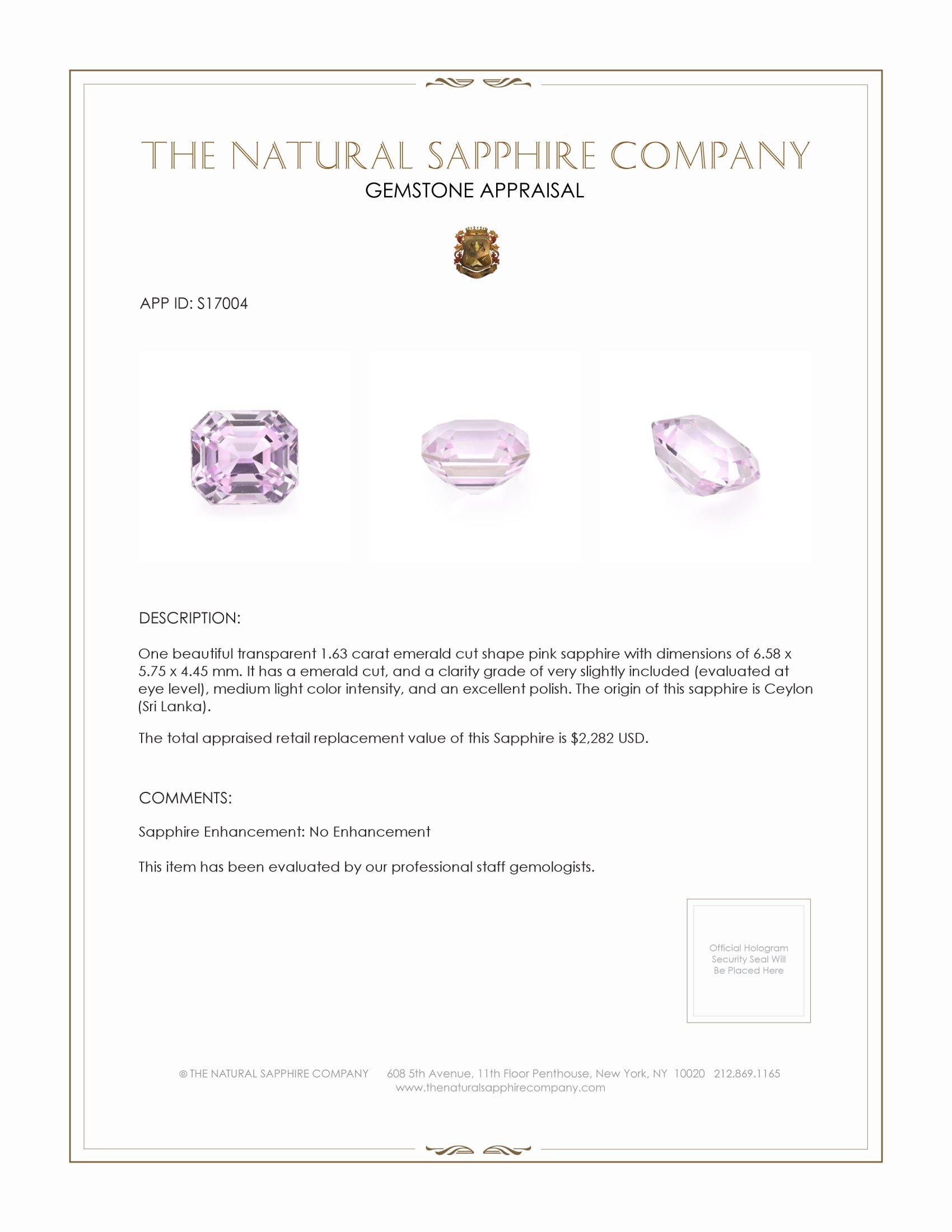 1.63 Ct. Pink Sapphire from Ceylon (Sri Lanka)