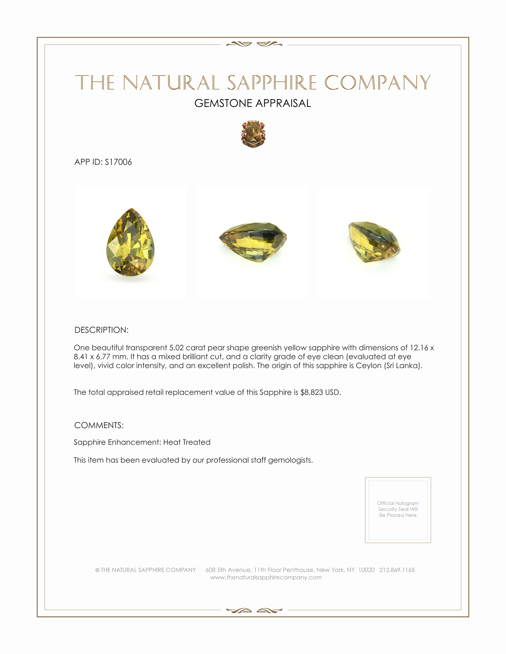 5.02 Ct. Greenish Yellow Sapphire from Ceylon (Sri Lanka)