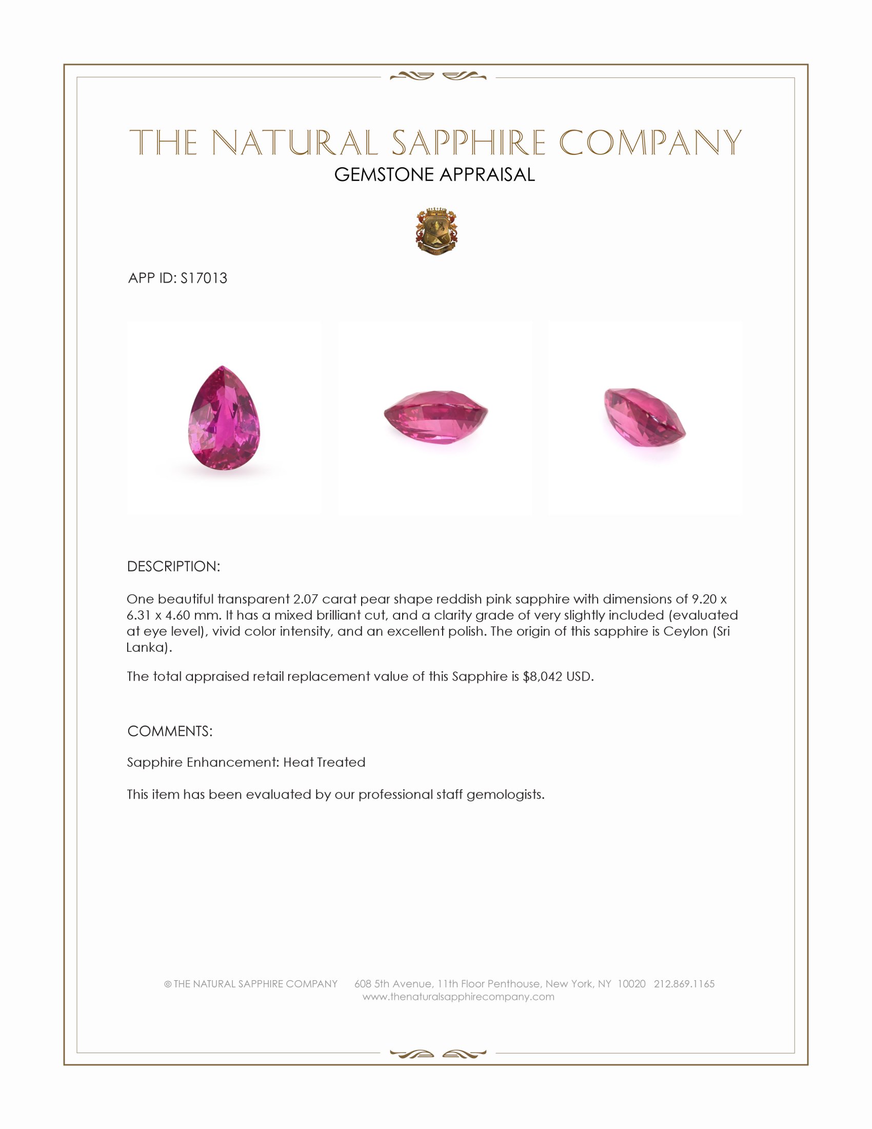 2.07 Ct. Reddish Pink Sapphire from Ceylon (Sri Lanka)